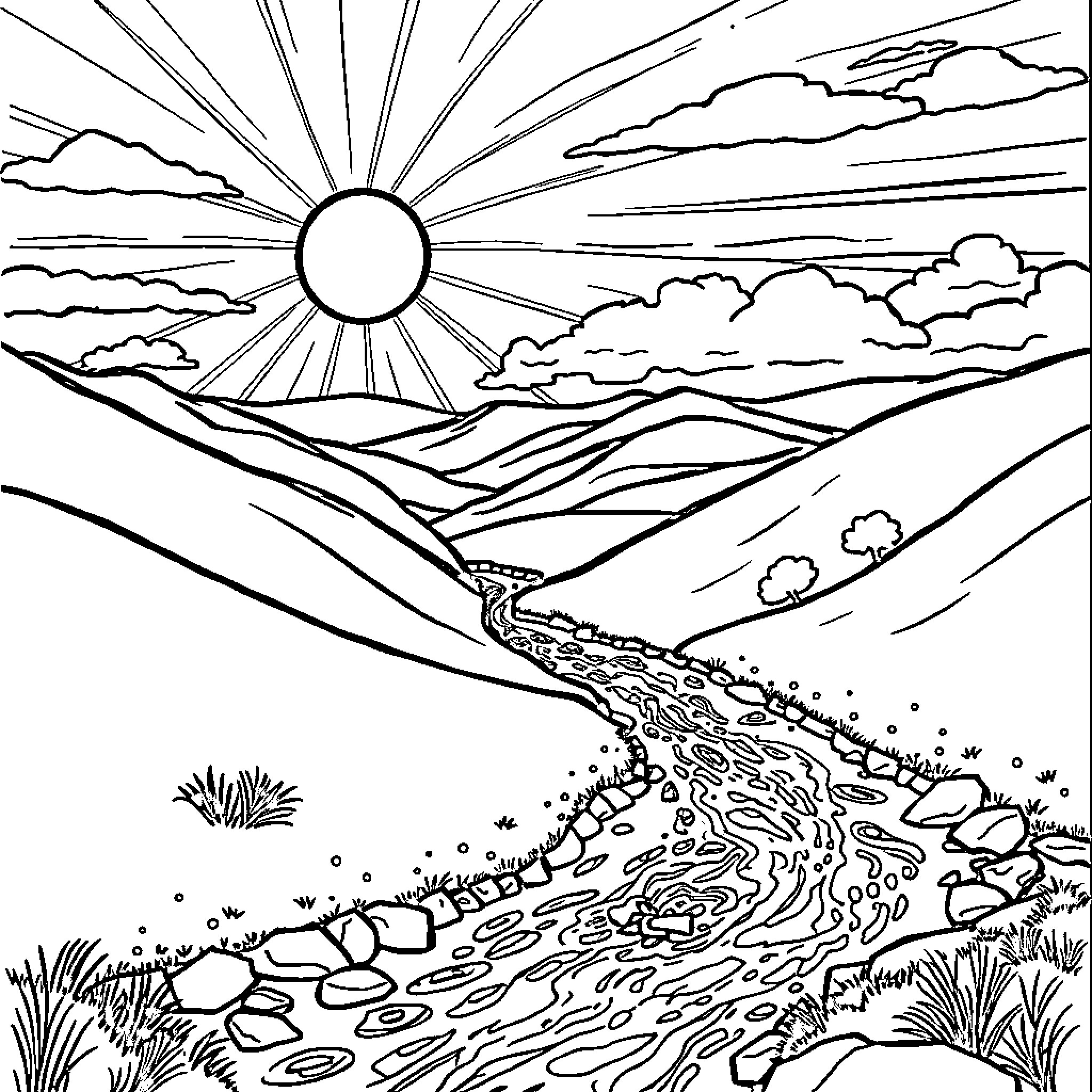 Landscape of a serene countryside scene Coloring Page (free black-and-white line drawing printable PDF for all, from beginners to advanced learners, including children, teens, adults, and seniors)
