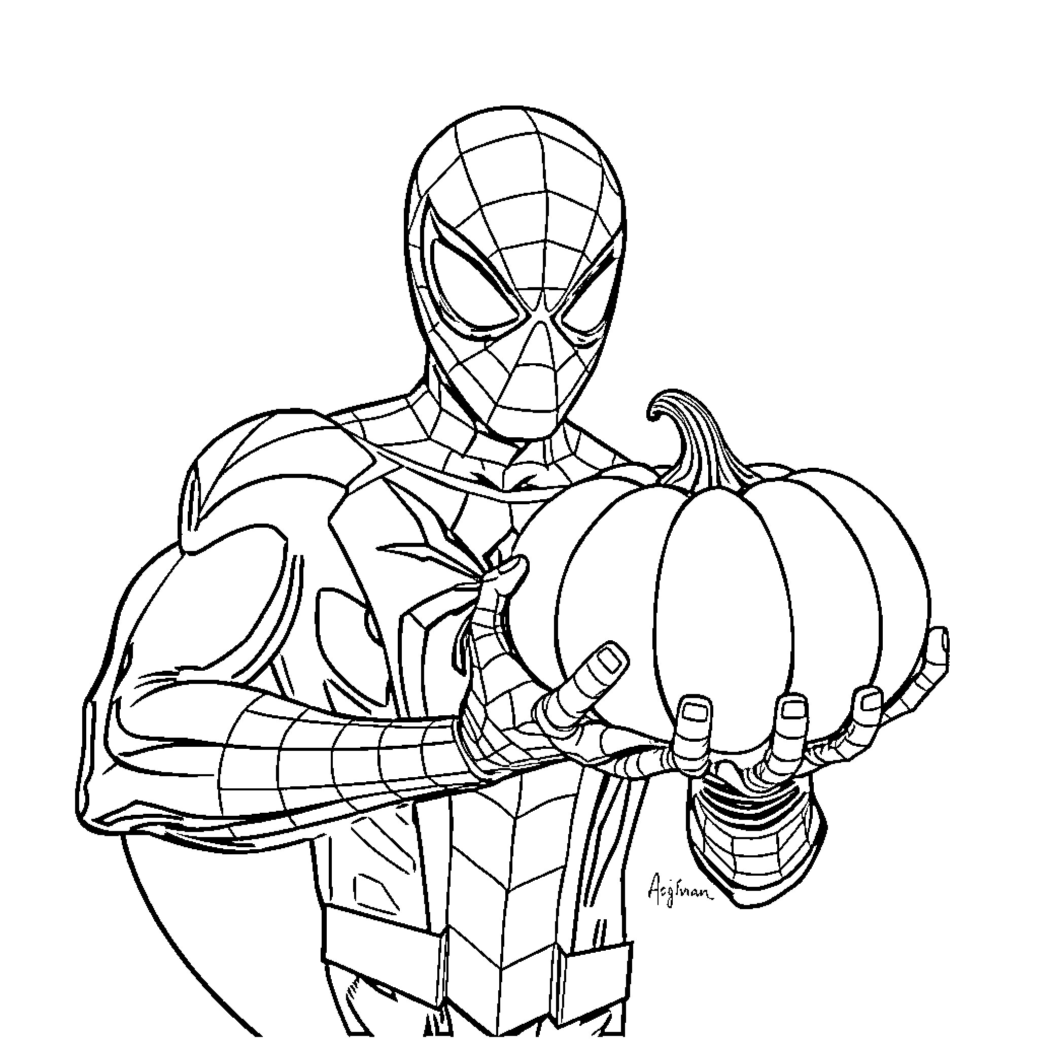 Spiderman holding a large pumpkin-shaped object Coloring Page (free black-and-white line drawing printable PDF for all, from beginners to advanced learners, including children, teens, adults, and seniors)