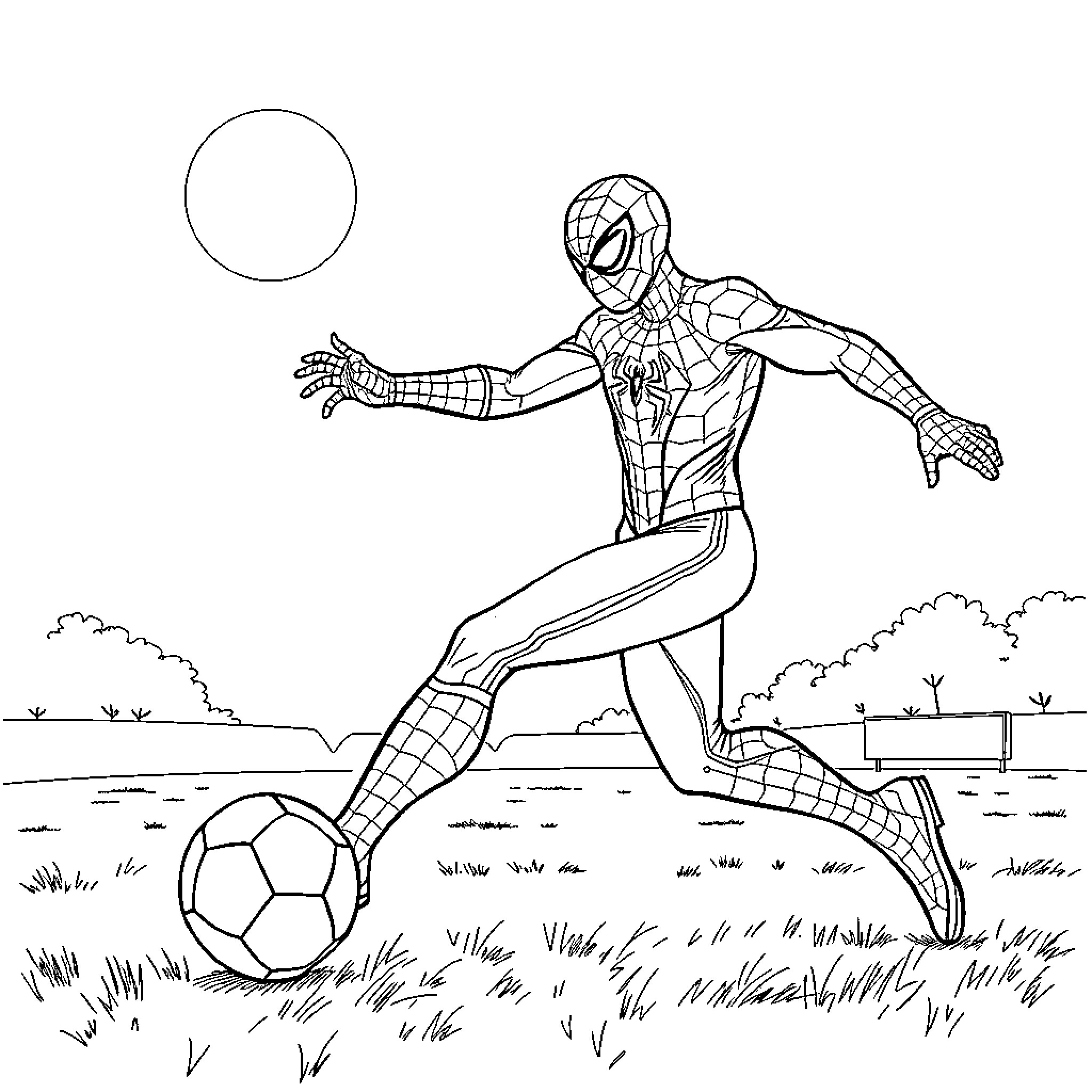 Spiderman playing soccer in the park Coloring Page (free black-and-white line drawing printable PDF for all, from beginners to advanced learners, including children, teens, adults, and seniors)