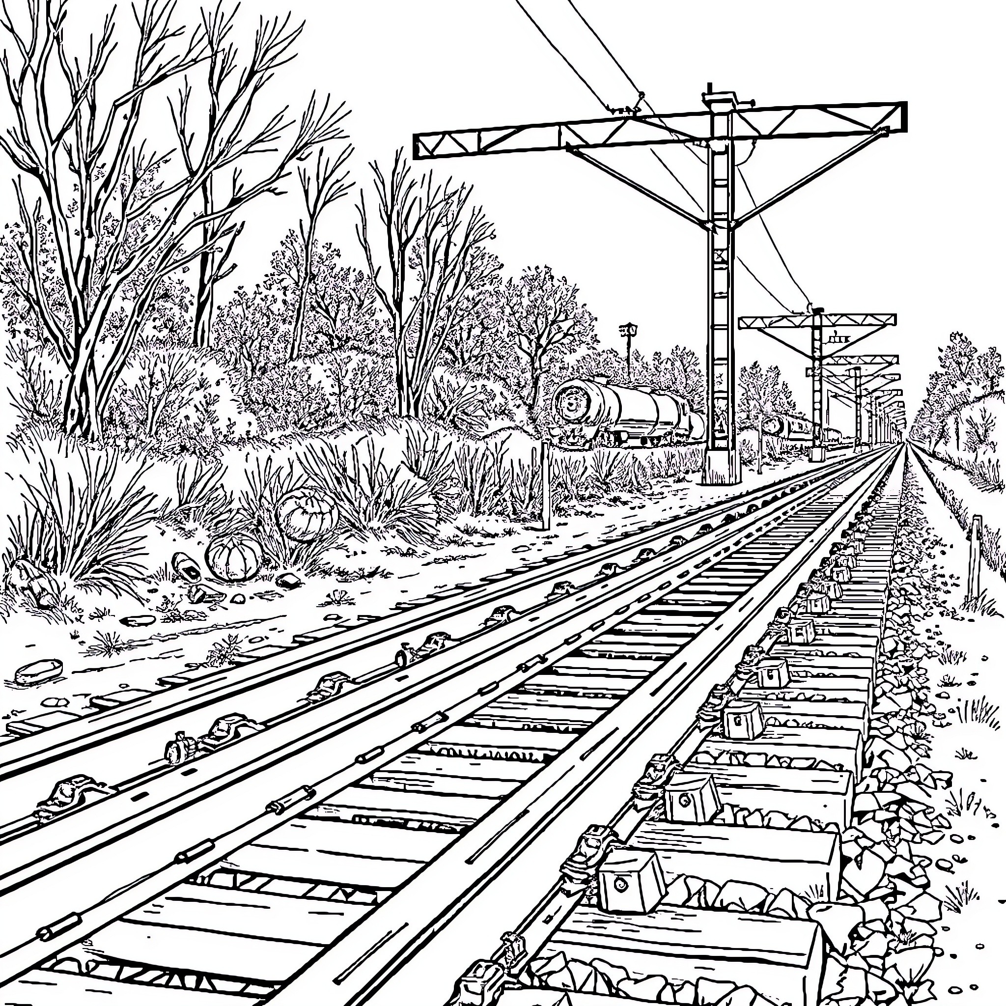 Rail Transport Through Serene Landscape Coloring Page (free black-and-white line drawing printable PDF for all, from beginners to advanced learners, including children, teens, adults, and seniors)