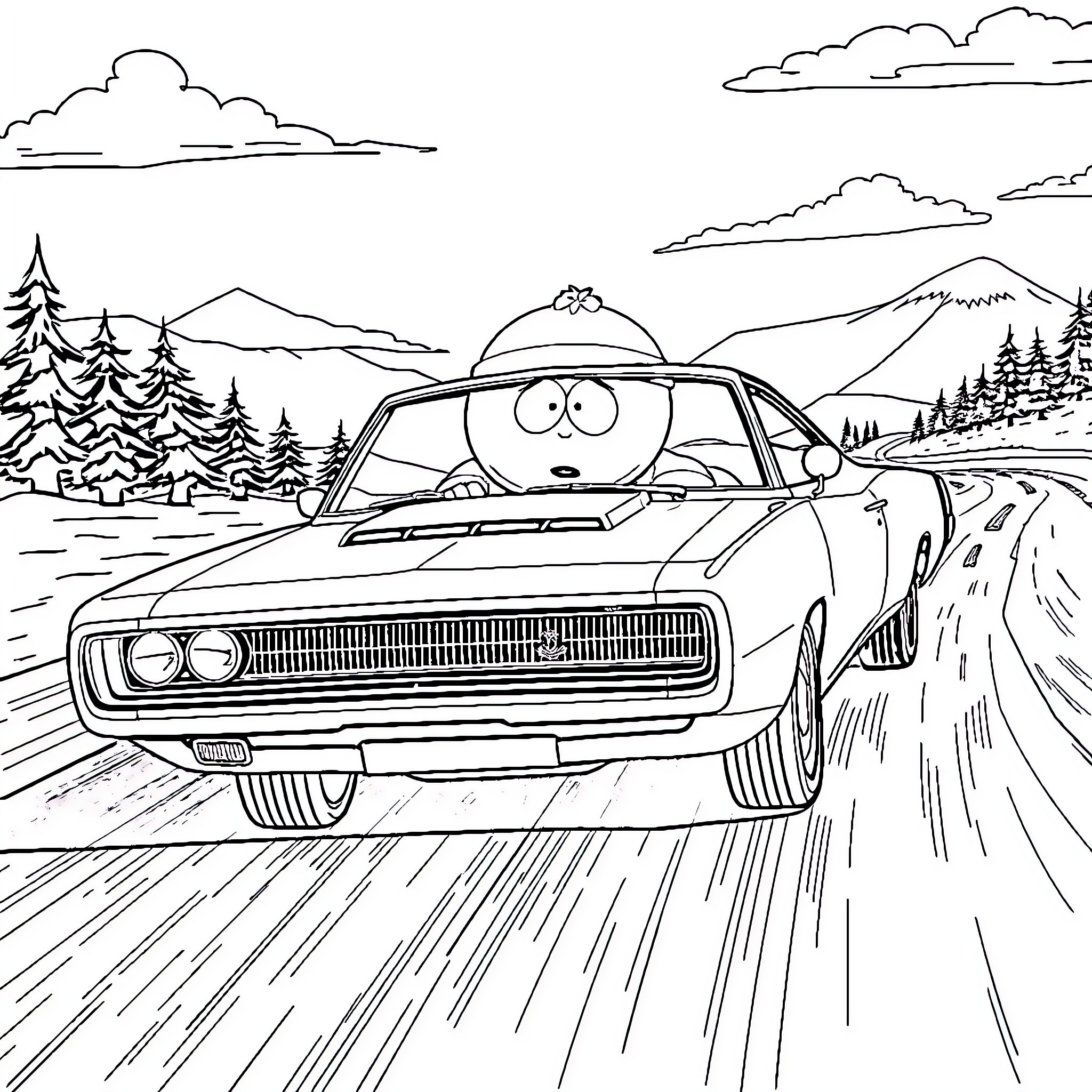 Dodge Super Bee racing on scenic mountain road Coloring Page (free black-and-white line drawing printable PDF for all, from beginners to advanced learners, including children, teens, adults, and seniors)