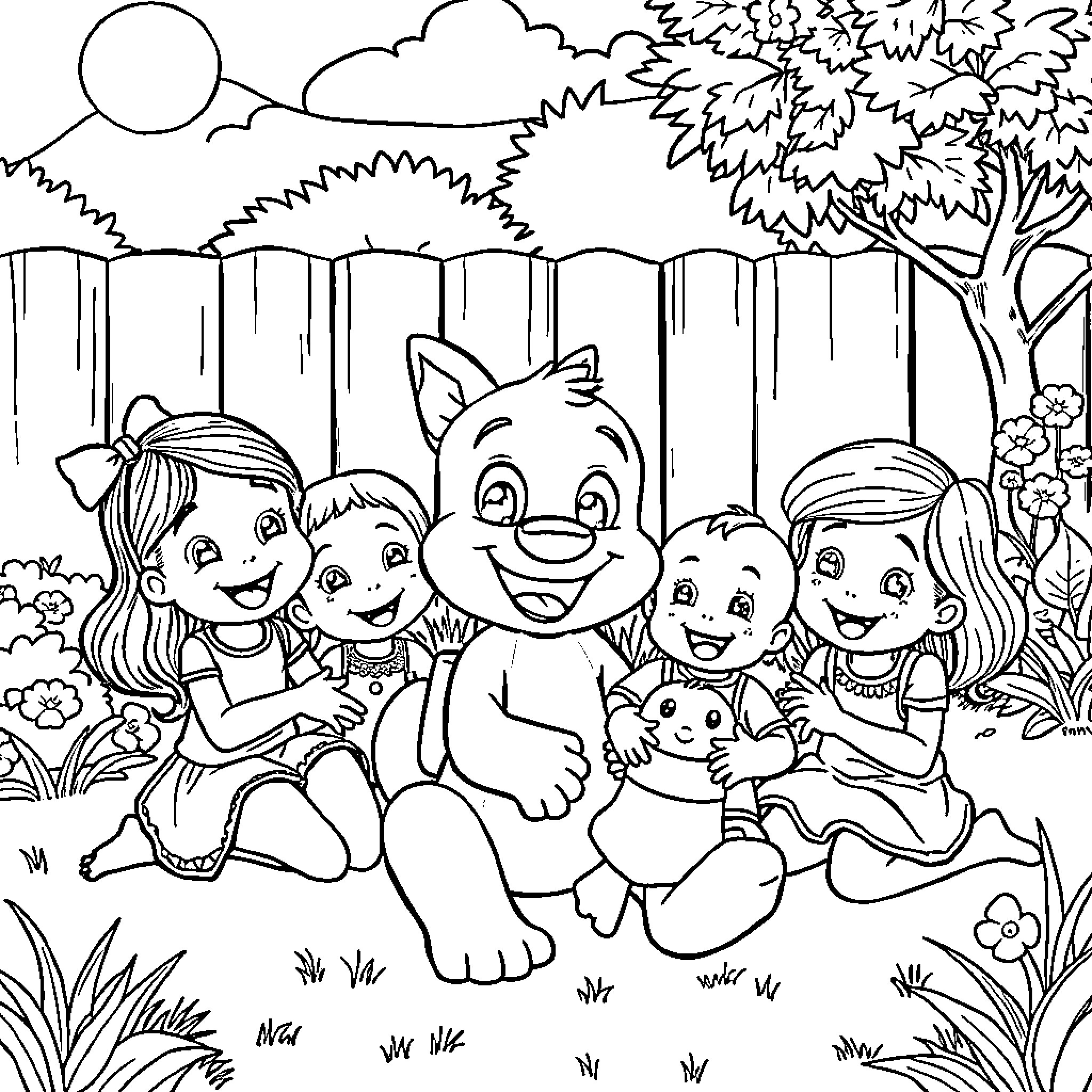 Bluey and family playing happily in the backyard Coloring Page (free black-and-white line drawing printable PDF for all, from beginners to advanced learners, including children, teens, adults, and seniors)