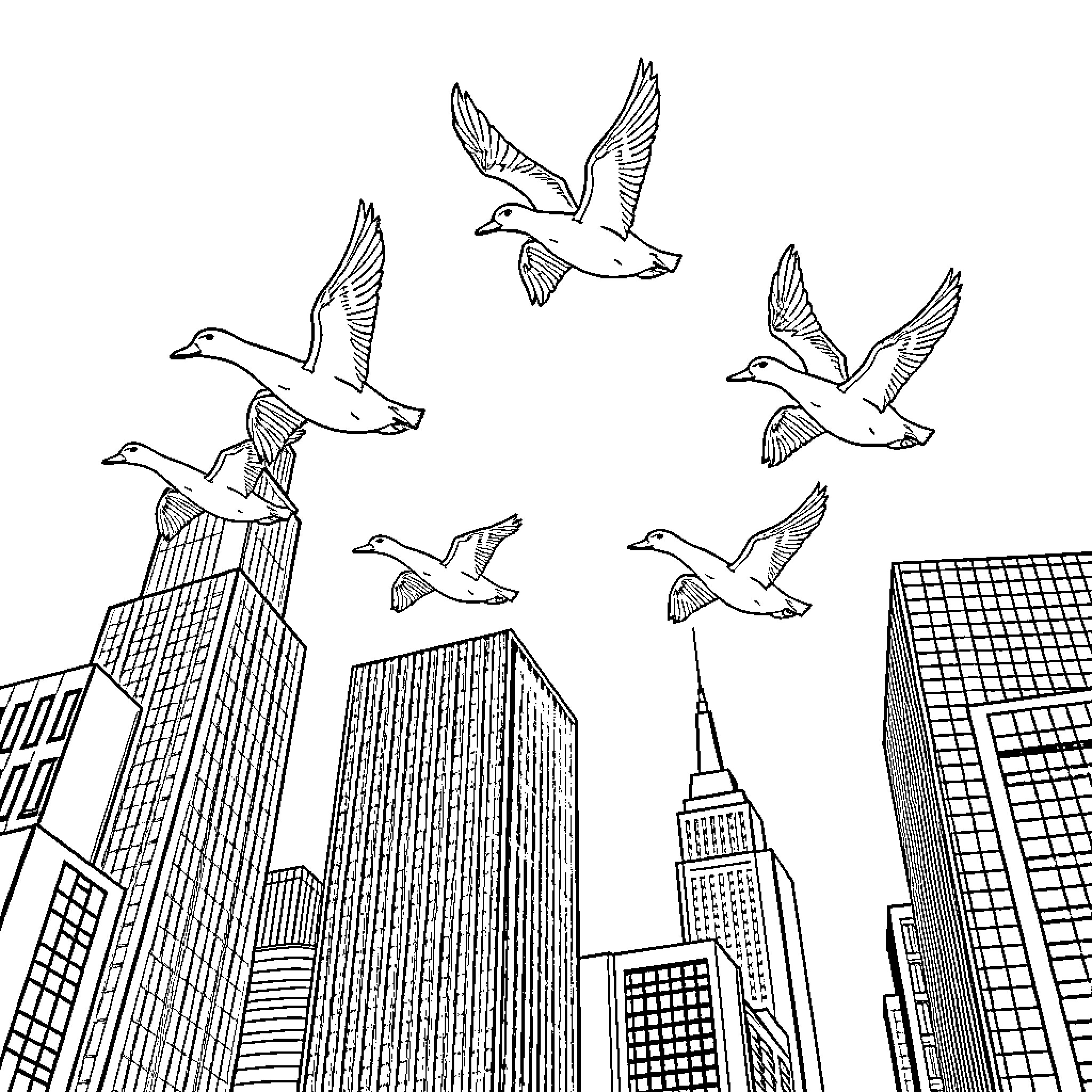 Ducks soaring over the city skyline Coloring Page (free black-and-white line drawing printable PDF for all, from beginners to advanced learners, including children, teens, adults, and seniors)