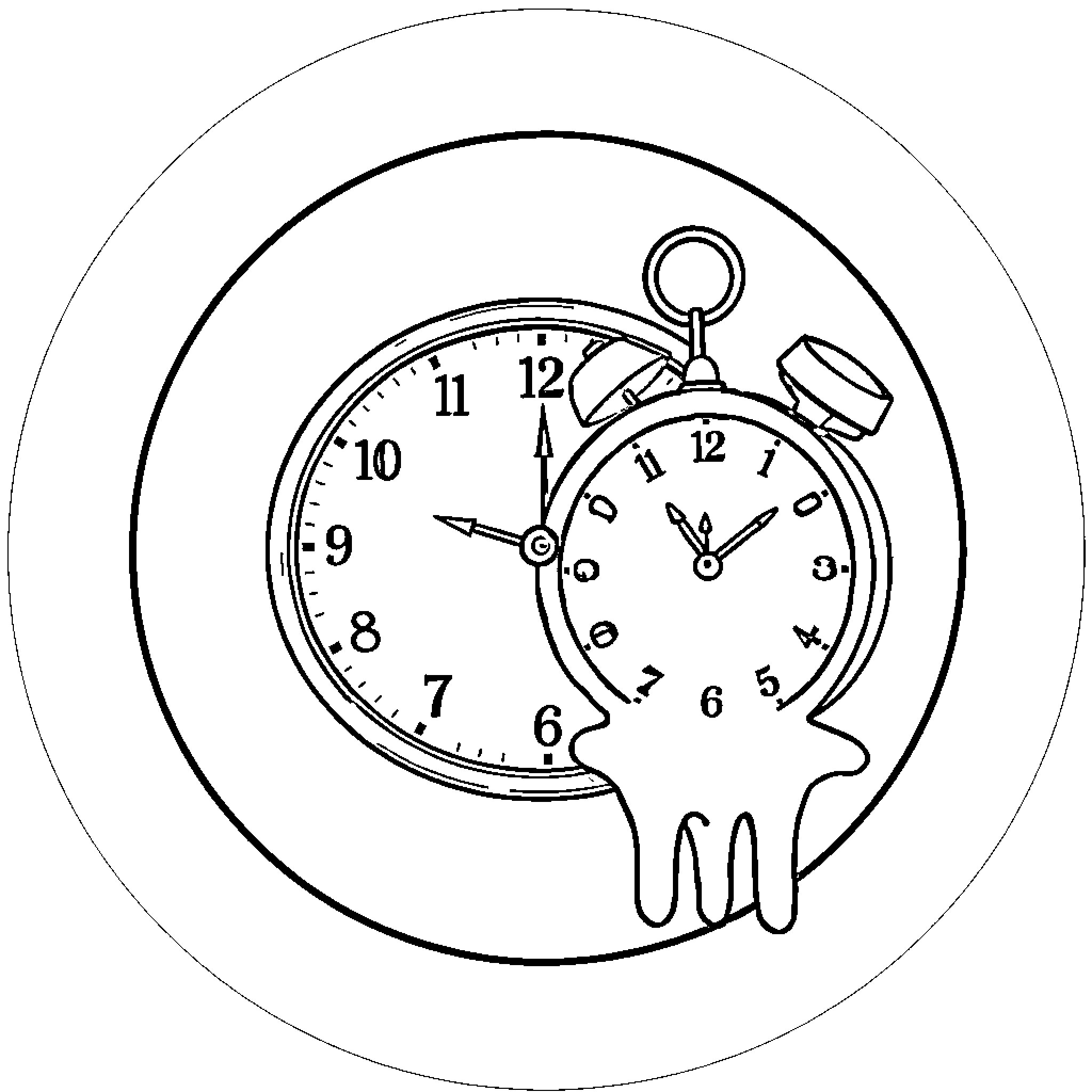 Clock with abstract silhouette figure Coloring Page (free black-and-white line drawing printable PDF for all, from beginners to advanced learners, including children, teens, adults, and seniors)