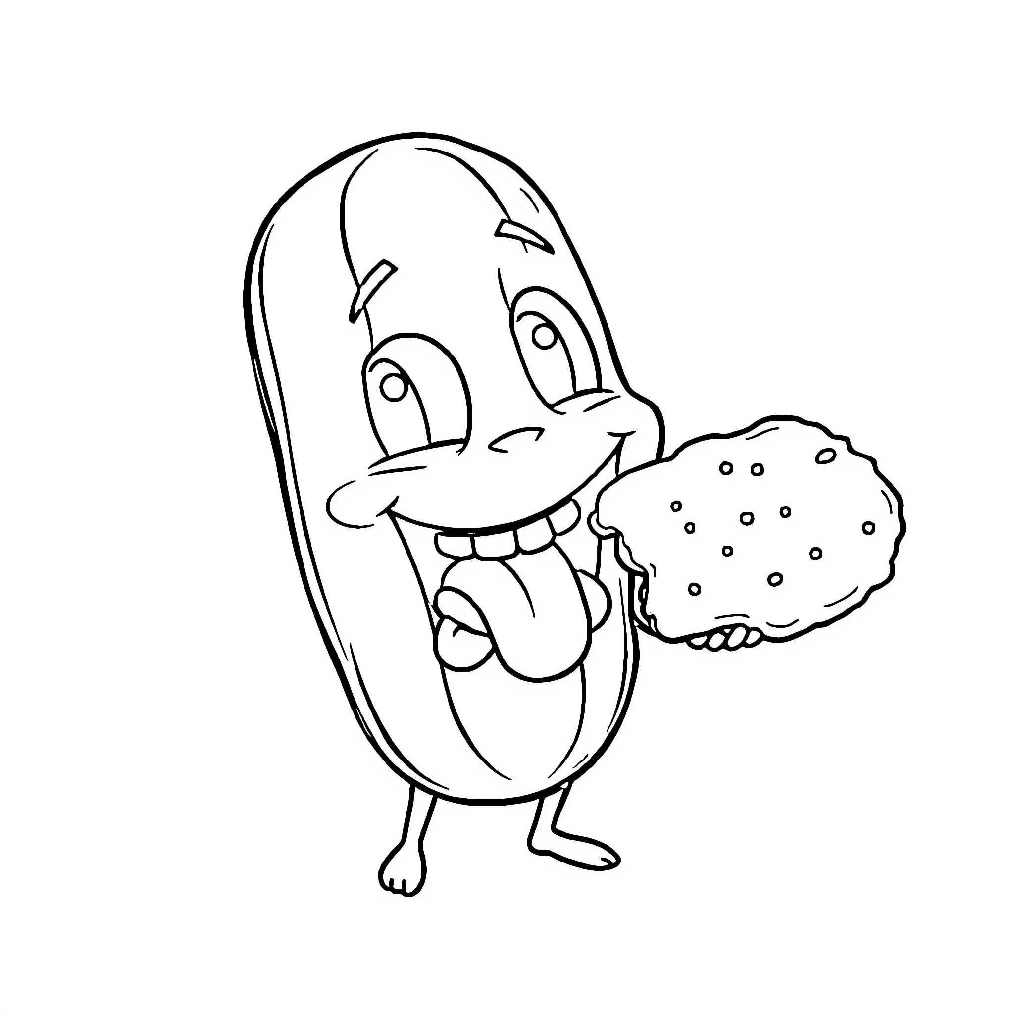 Pickle character enthusiastically eating a burger Coloring Page (free black-and-white line drawing printable PDF for all, from beginners to advanced learners, including children, teens, adults, and seniors)