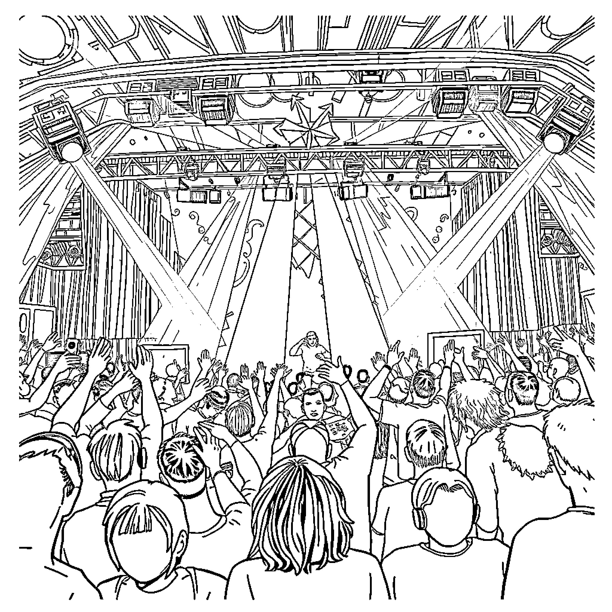 Phish concert scene with energetic crowd and illuminated stage Coloring Page (free black-and-white line drawing printable PDF for all, from beginners to advanced learners, including children, teens, adults, and seniors)
