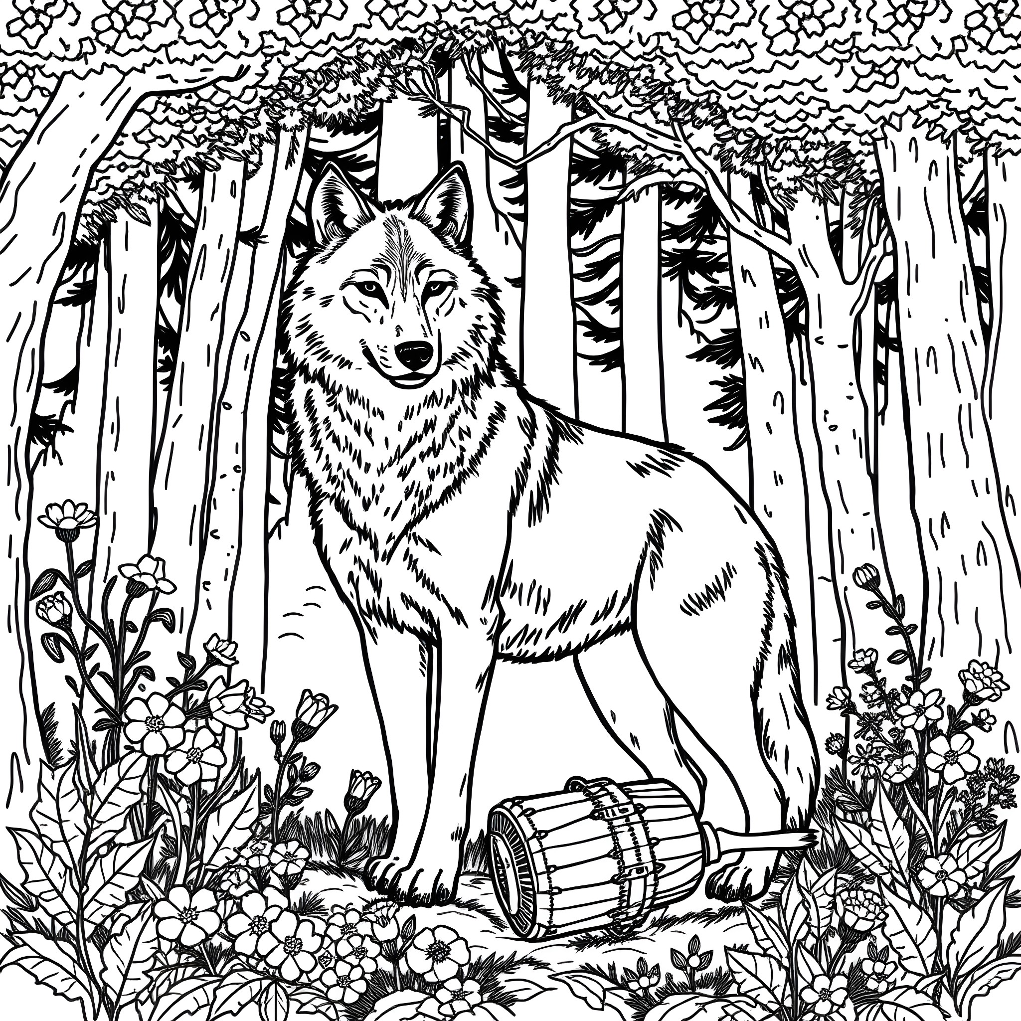 Wolf standing guard in the enchanted forest Coloring Page (free black-and-white line drawing printable PDF for all, from beginners to advanced learners, including children, teens, adults, and seniors)