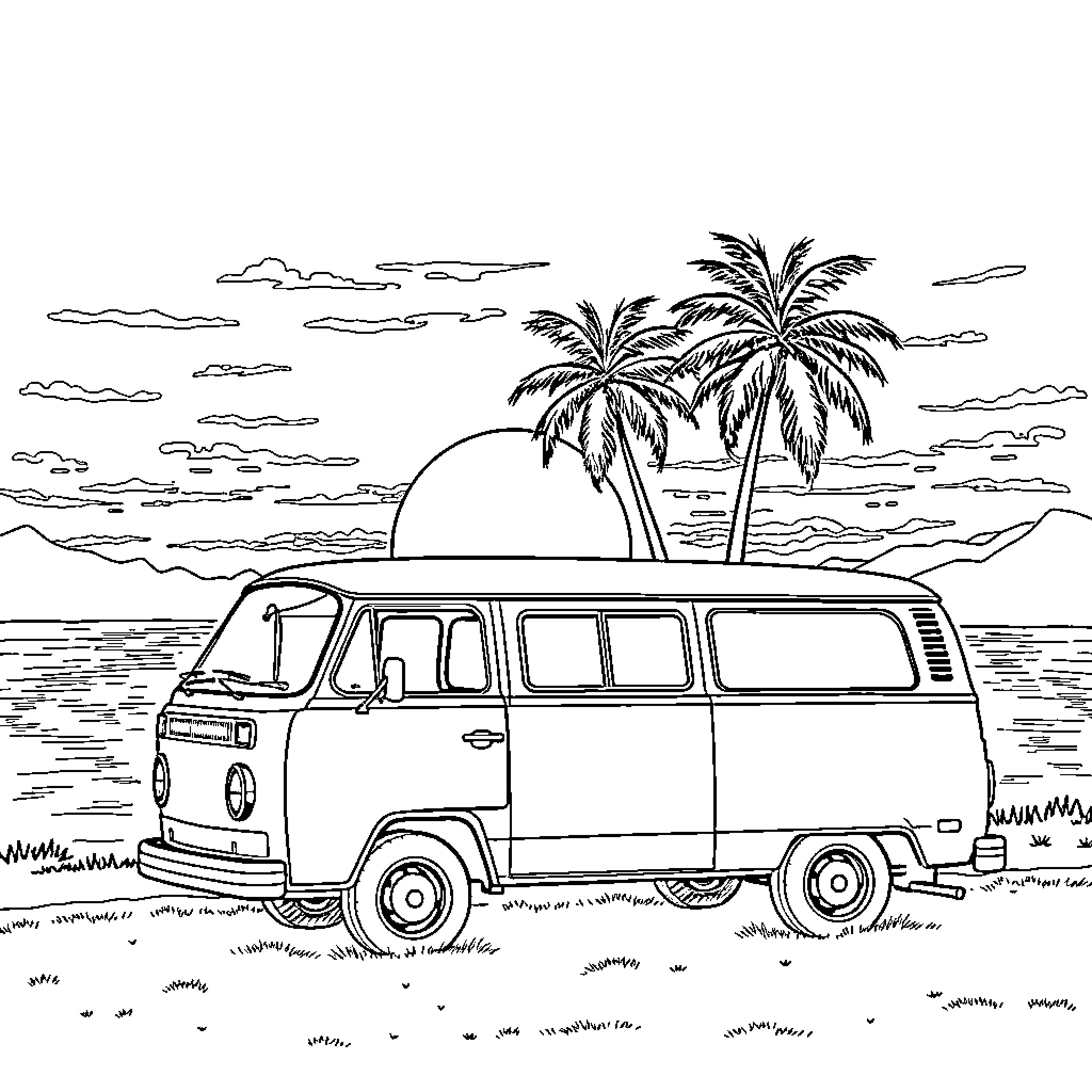 Van camping on a tropical island getaway Coloring Page (free black-and-white line drawing printable PDF for all, from beginners to advanced learners, including children, teens, adults, and seniors)