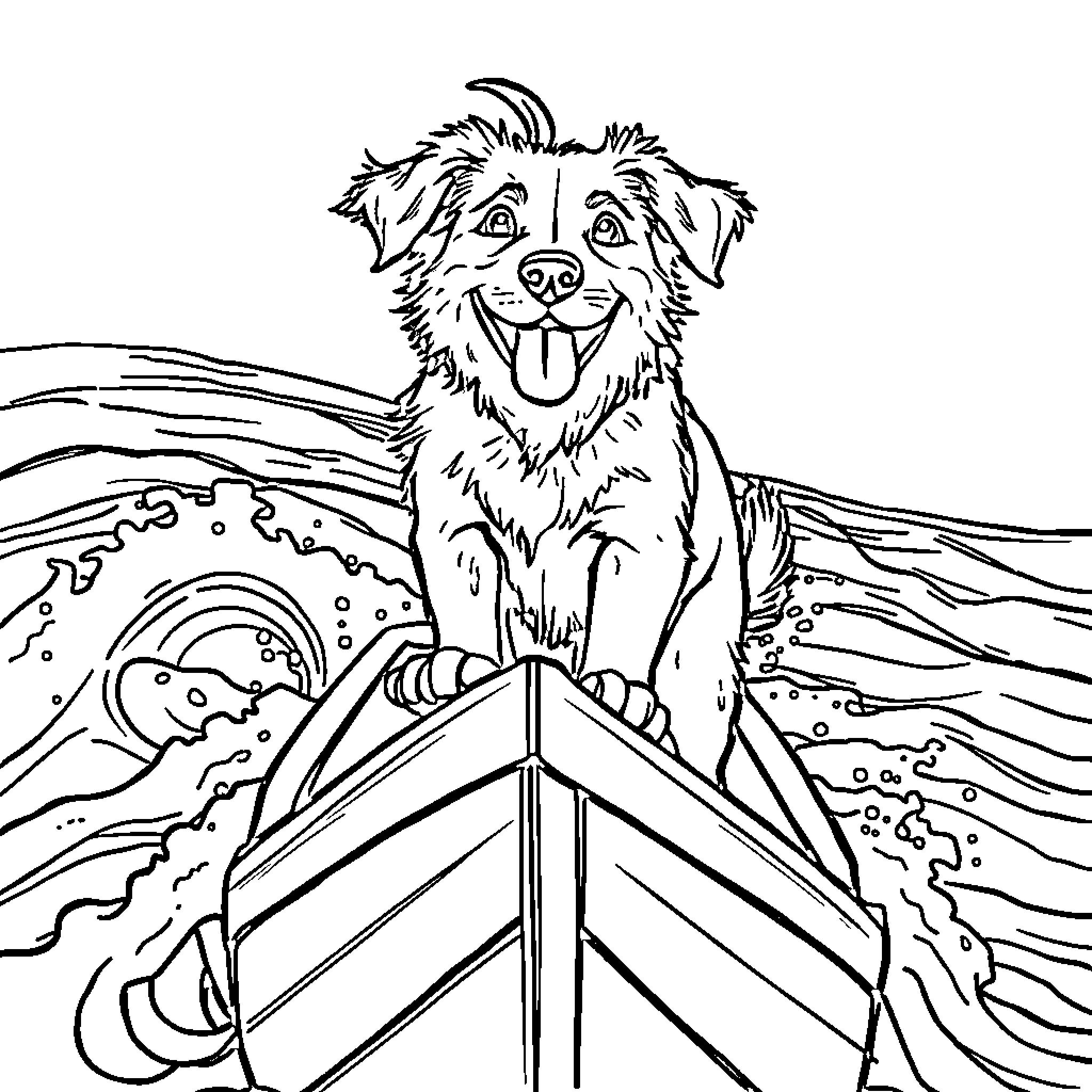 Dog Riding a Boat on the Waves Coloring Page (free black-and-white line drawing printable PDF for all, from beginners to advanced learners, including children, teens, adults, and seniors)