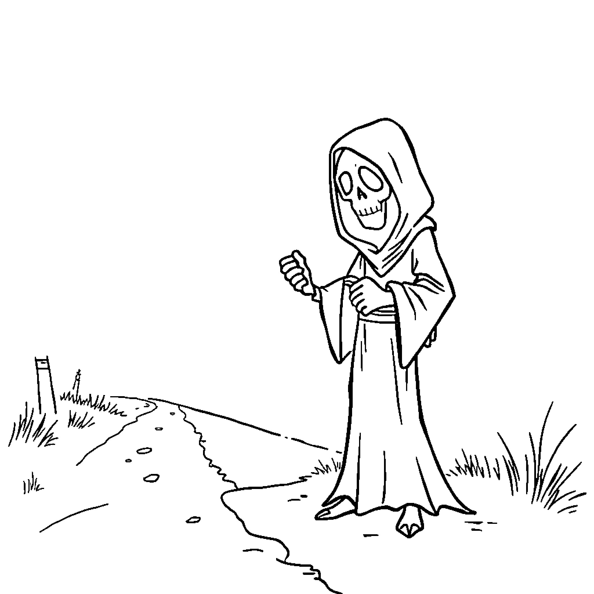 Grim Reaper menacingly standing on a path Coloring Page (free black-and-white line drawing printable PDF for all, from beginners to advanced learners, including children, teens, adults, and seniors)