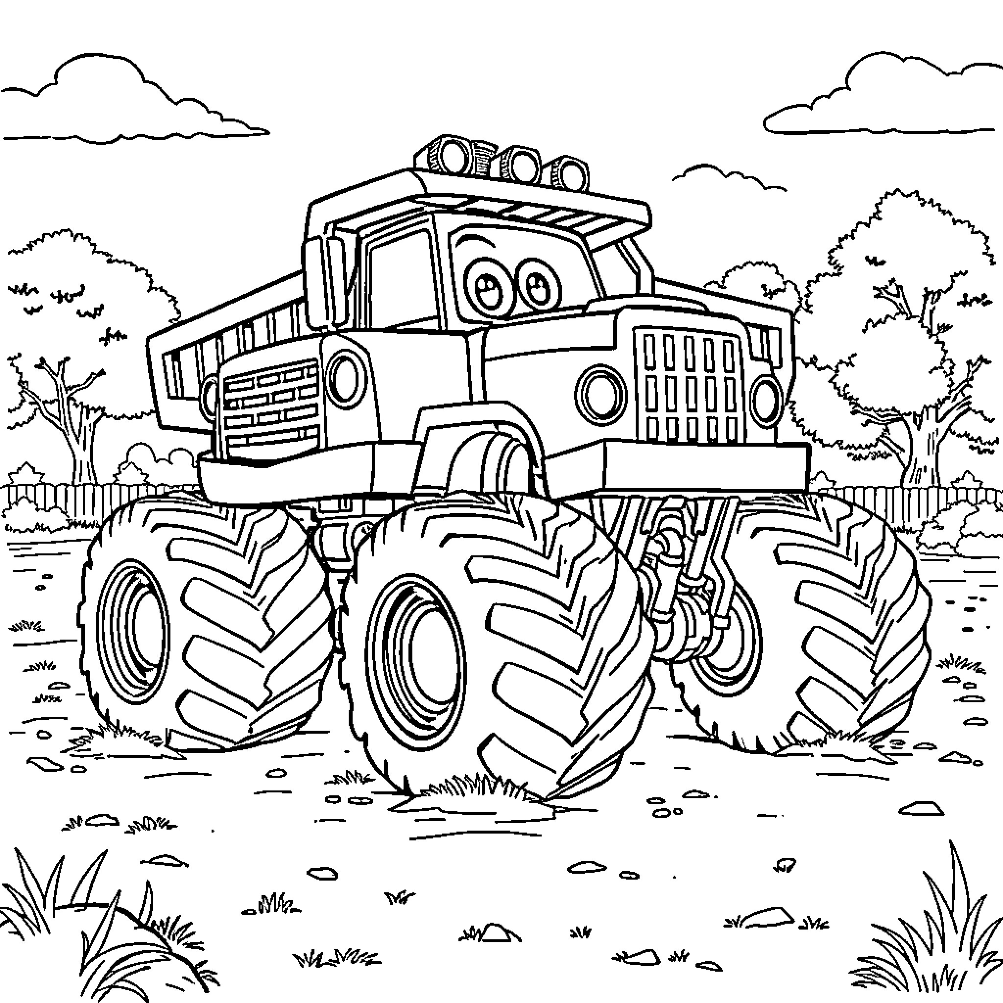Monster Truck Crushing Through the Countryside Coloring Page (free black-and-white line drawing printable PDF for all, from beginners to advanced learners, including children, teens, adults, and seniors)