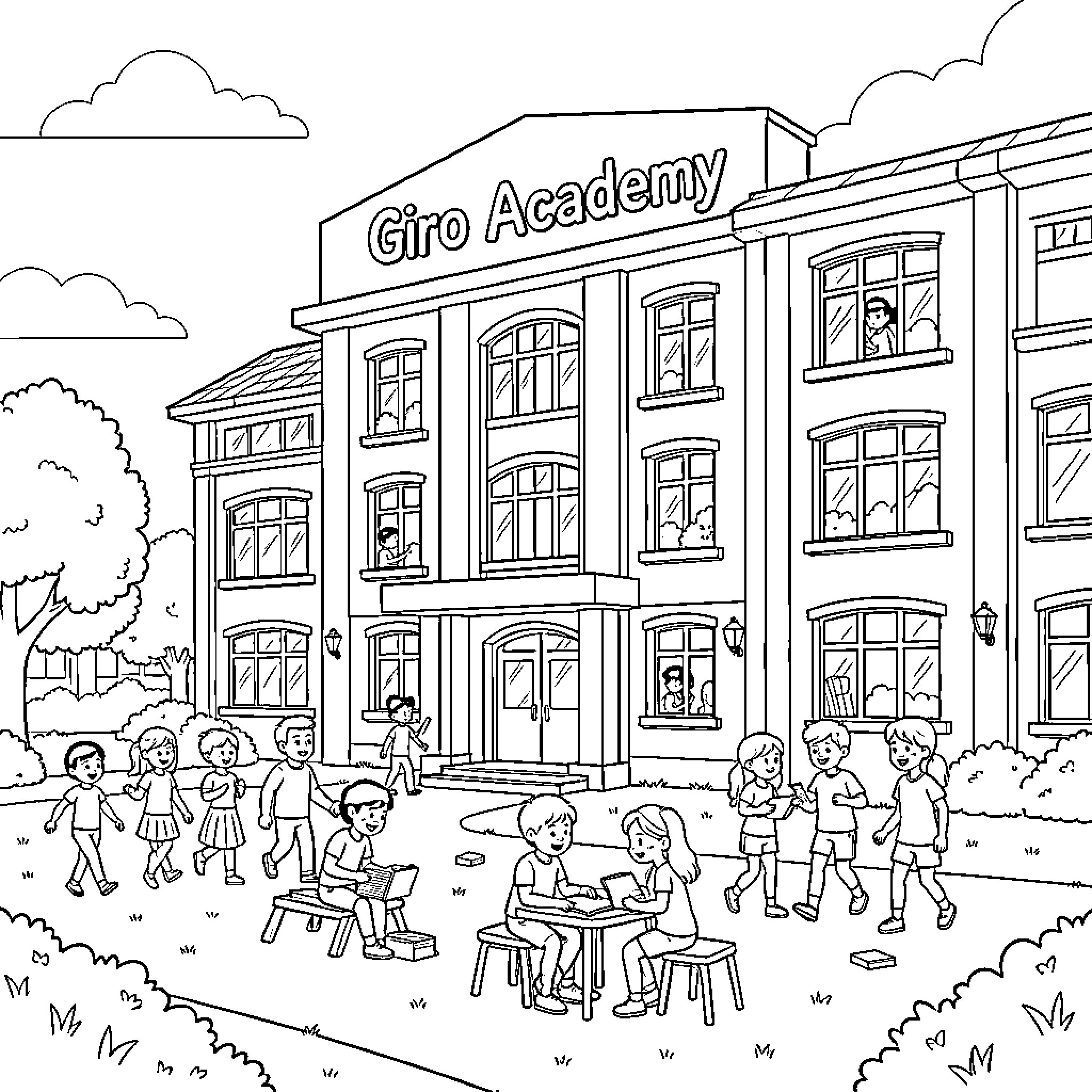 Giro Academy: Students Engaged in Outdoor Activities Coloring Page (free black-and-white line drawing printable PDF for all, from beginners to advanced learners, including children, teens, adults, and seniors)