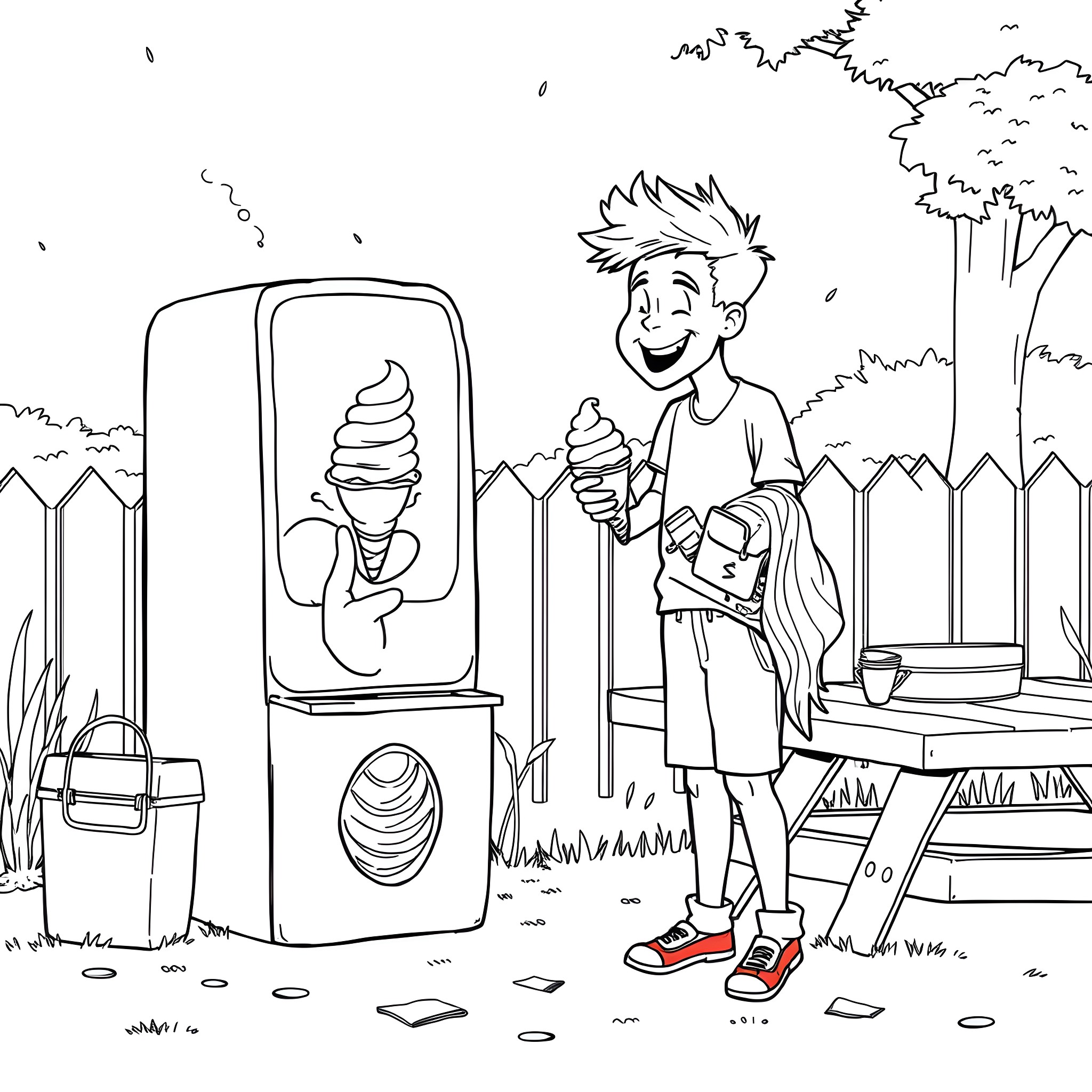 Ice Cream Vendor Serving Treats to a Happy Customer Coloring Page (free black-and-white line drawing printable PDF for all, from beginners to advanced learners, including children, teens, adults, and seniors)
