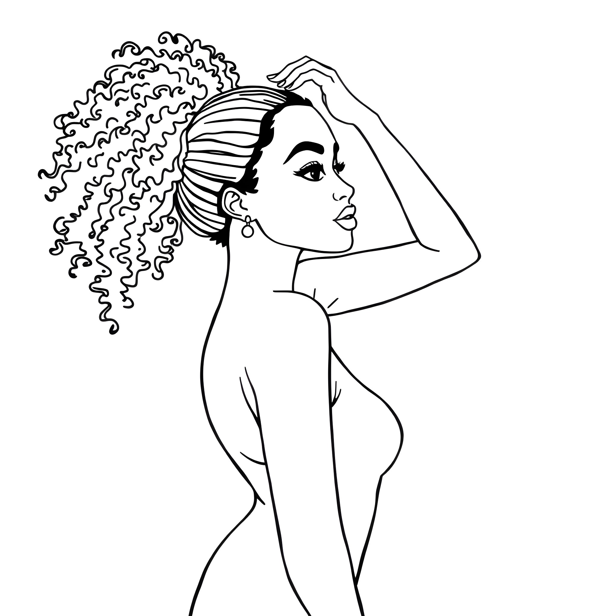 Woman with curly hair in profile view Coloring Page (free black-and-white line drawing printable PDF for all, from beginners to advanced learners, including children, teens, adults, and seniors)