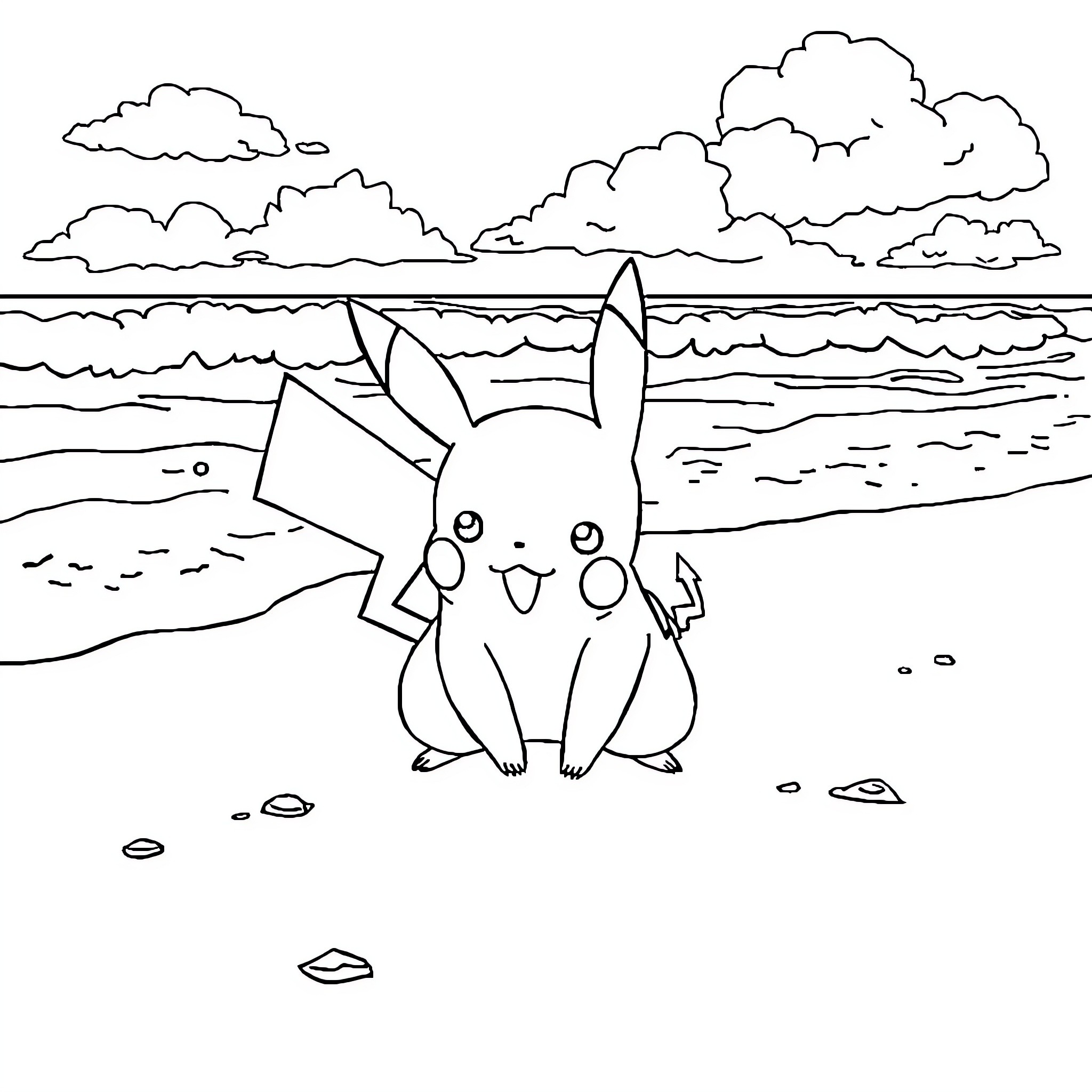 Pikachu enjoying the seaside landscape Coloring Page (free black-and-white line drawing printable PDF for all, from beginners to advanced learners, including children, teens, adults, and seniors)