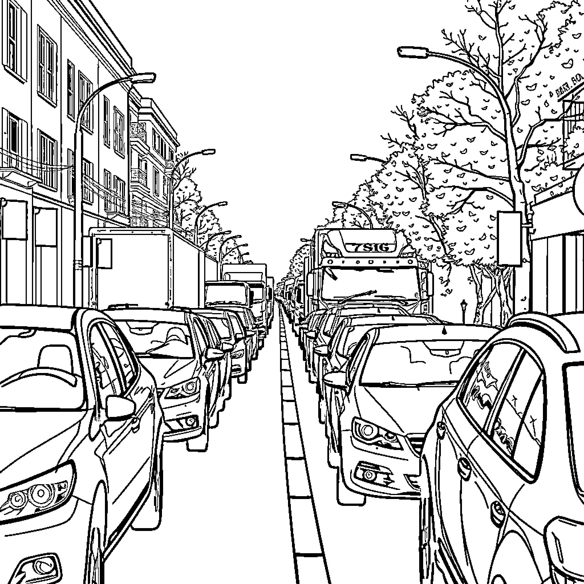 Vehicle Traffic in Cityscape with Bustling Street Coloring Page (free black-and-white line drawing printable PDF for all, from beginners to advanced learners, including children, teens, adults, and seniors)
