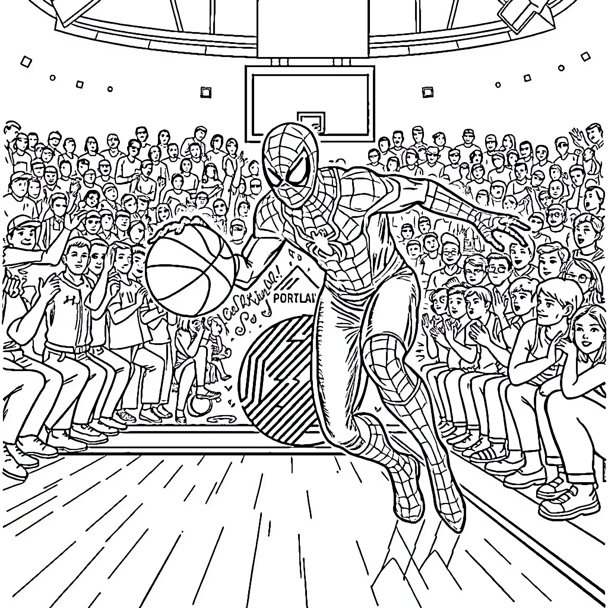 Spiderman Performing Basketball Tricks in a Crowded Arena Coloring Page (free black-and-white line drawing printable PDF for all, from beginners to advanced learners, including children, teens, adults, and seniors)