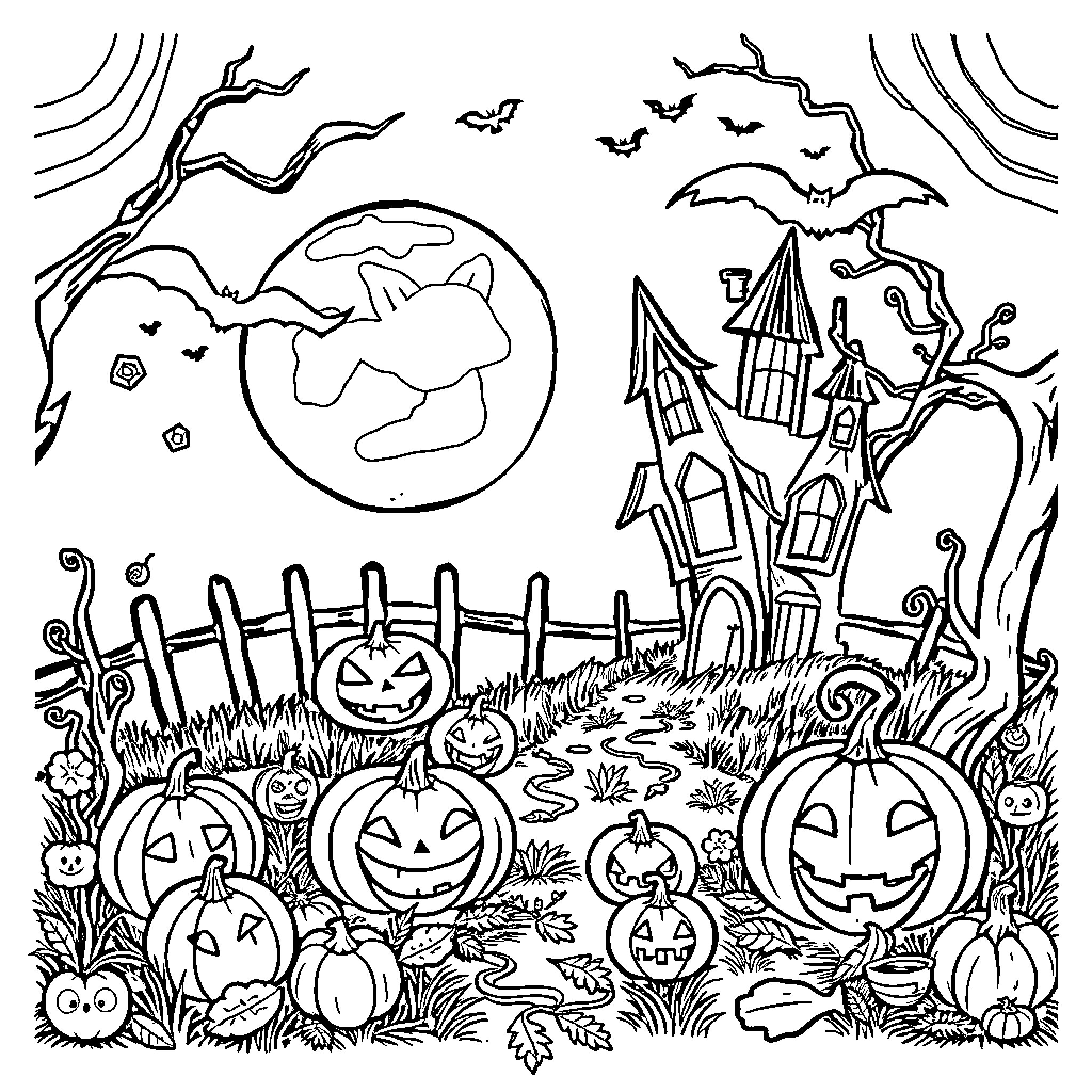 Halloween Haunted House and Jack-o'-lanterns in the Spooky Forest Coloring Page (free black-and-white line drawing printable PDF for all, from beginners to advanced learners, including children, teens, adults, and seniors)