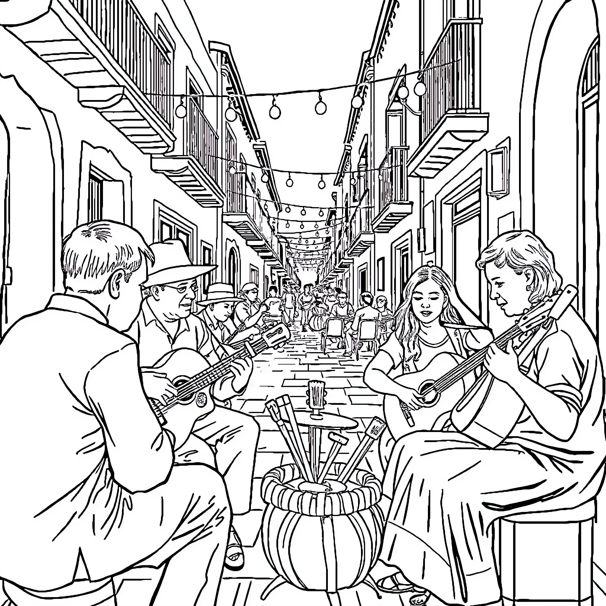 Persona in a Lively Outdoor Cafe Scene Coloring Page (free black-and-white line drawing printable PDF for all, from beginners to advanced learners, including children, teens, adults, and seniors)