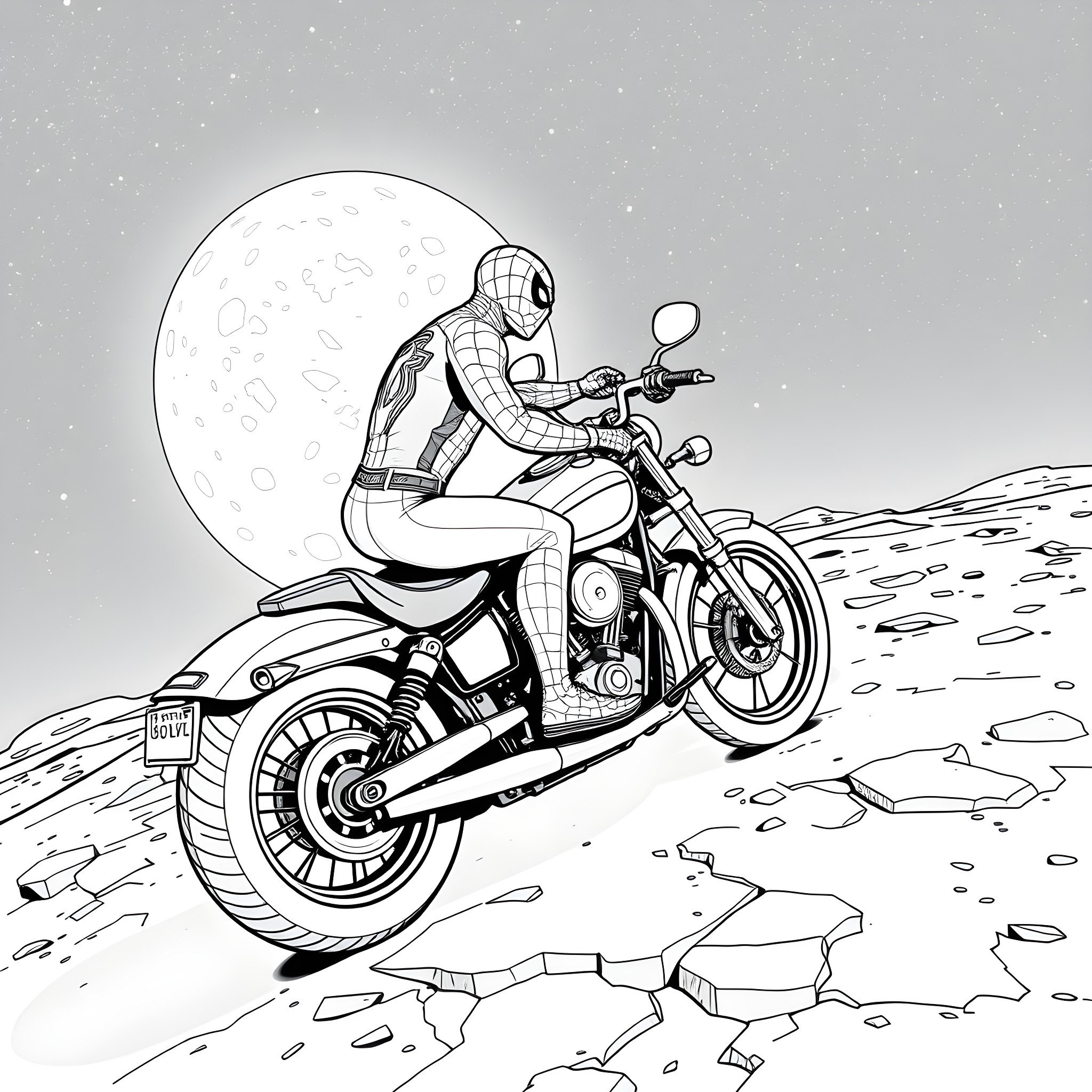 Spider-Man Riding a Motorcycle in the Moonlight Coloring Page (free black-and-white line drawing printable PDF for all, from beginners to advanced learners, including children, teens, adults, and seniors)