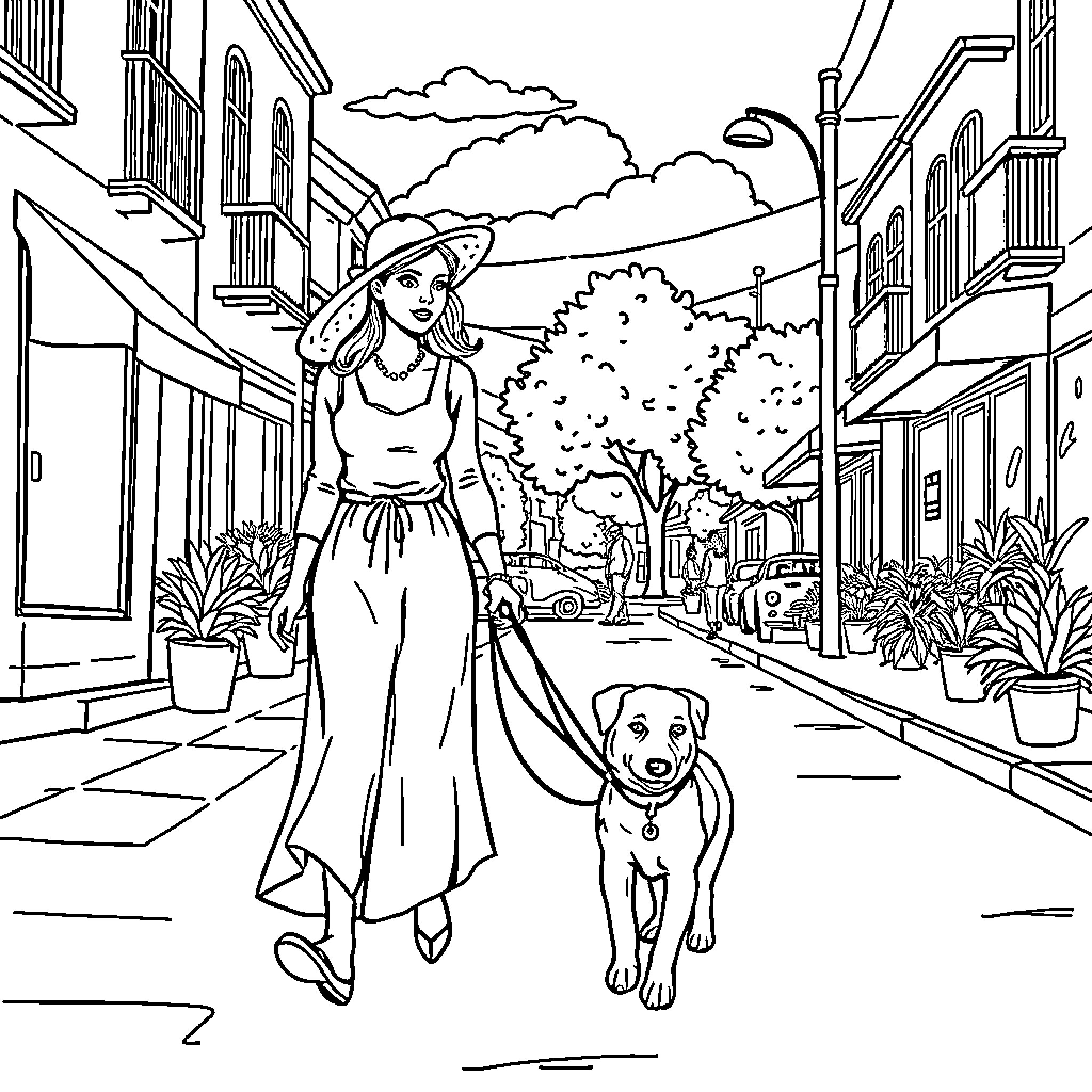 Dog walking with owner in vibrant city street Coloring Page (free black-and-white line drawing printable PDF for all, from beginners to advanced learners, including children, teens, adults, and seniors)