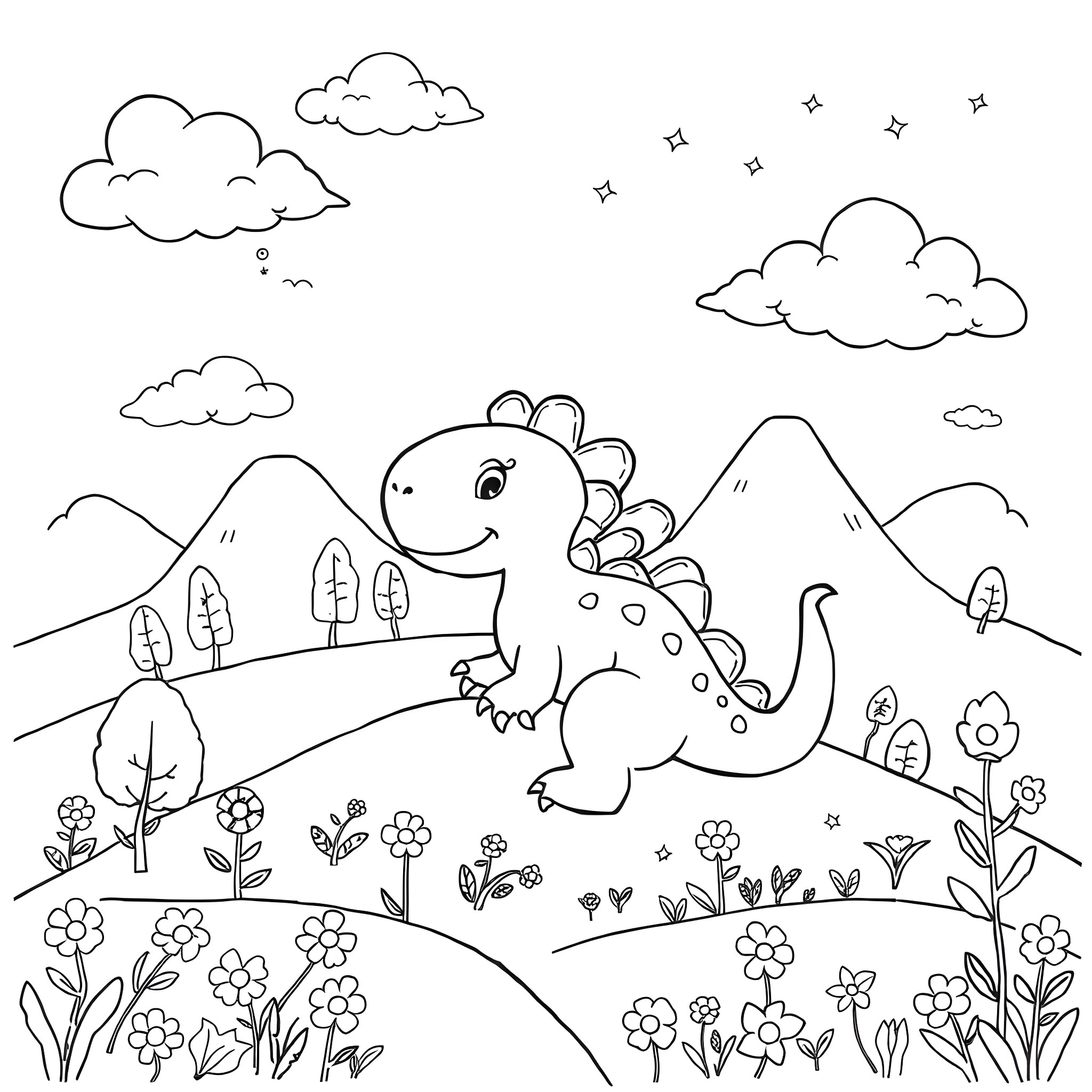 Dinosaur exploring a vibrant, whimsical landscape Coloring Page (free black-and-white line drawing printable PDF for all, from beginners to advanced learners, including children, teens, adults, and seniors)