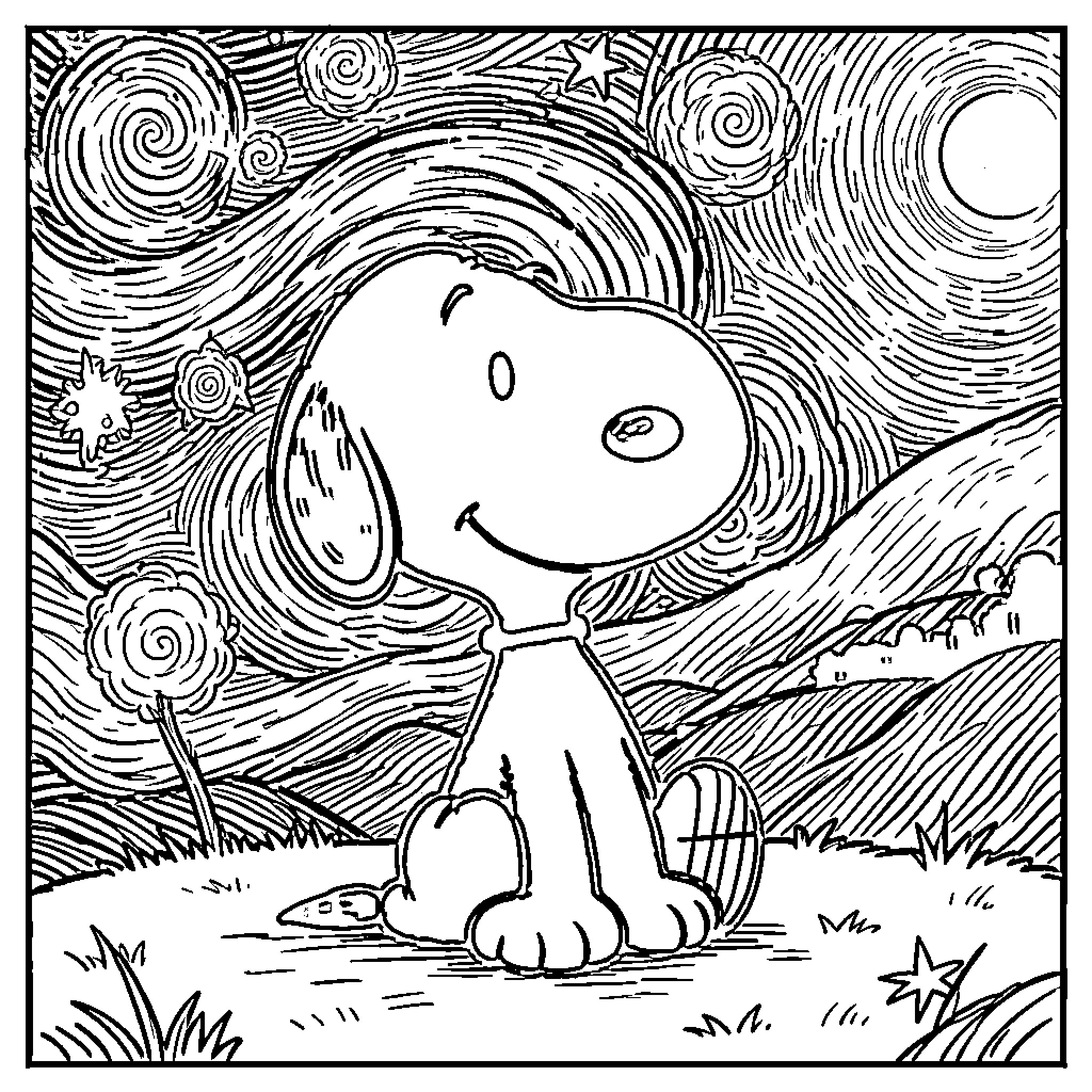 Snoopy enjoying the starry night in nature Coloring Page (free black-and-white line drawing printable PDF for all, from beginners to advanced learners, including children, teens, adults, and seniors)