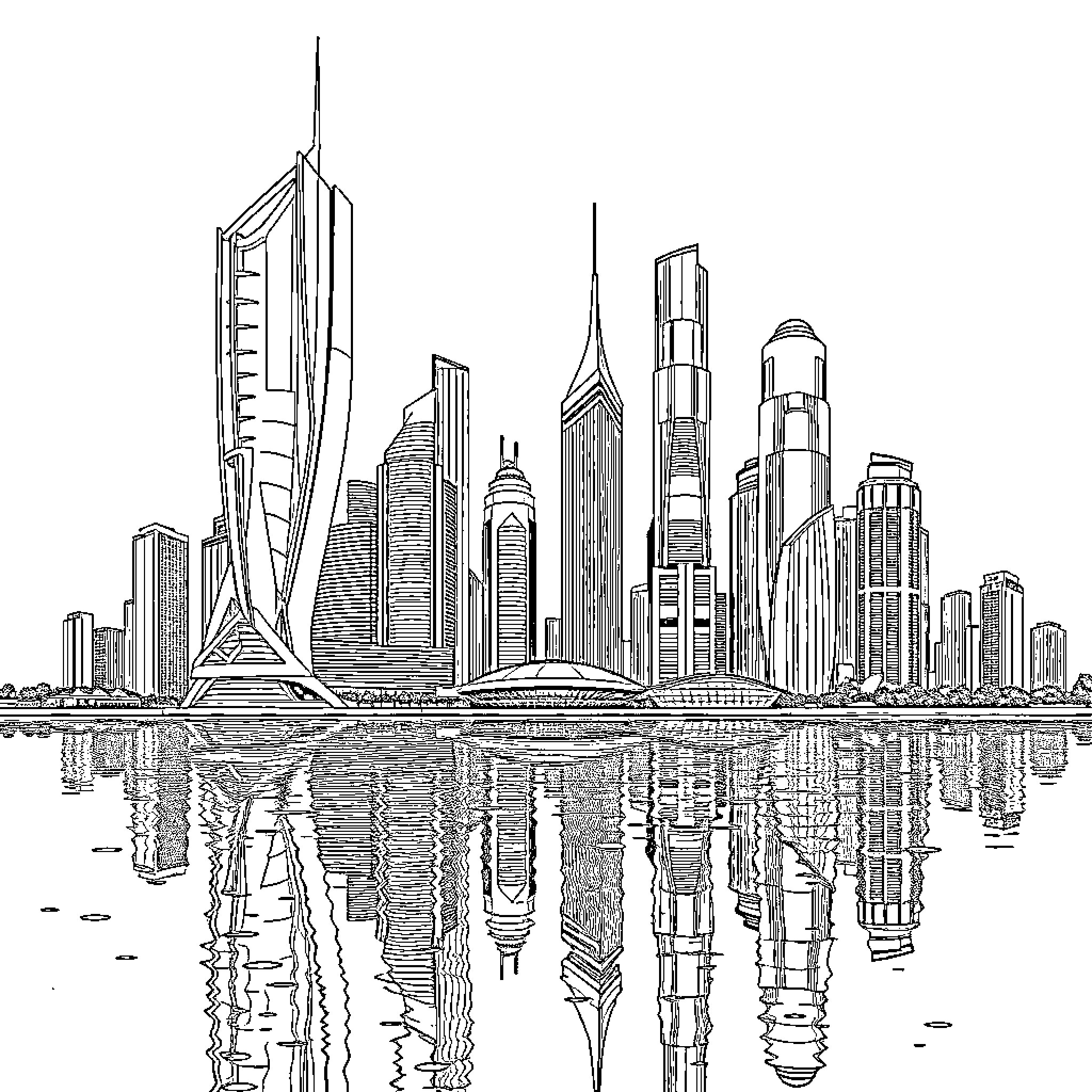 City Skyline of Towering Skyscrapers and Reflections Coloring Page (free black-and-white line drawing printable PDF for all, from beginners to advanced learners, including children, teens, adults, and seniors)