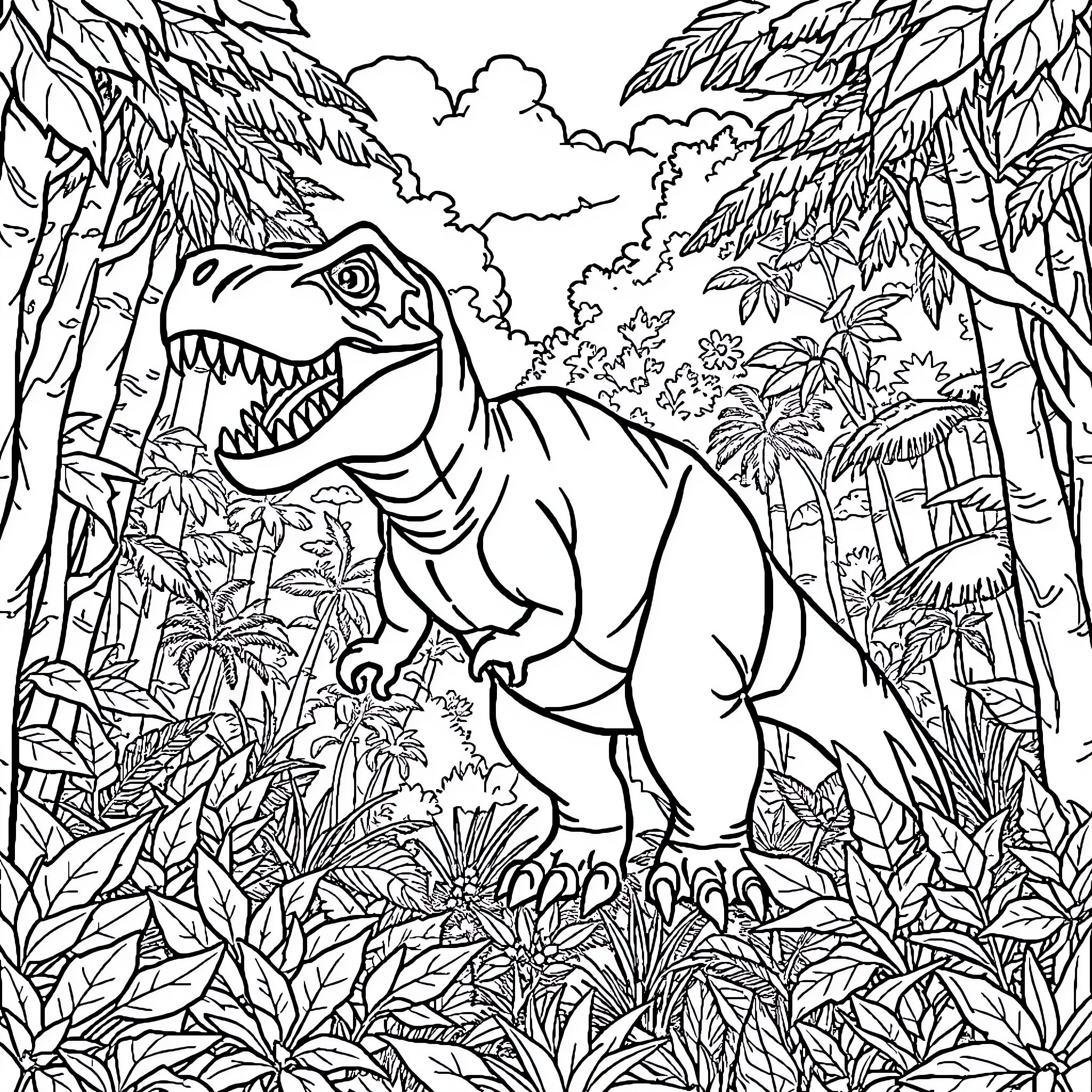 T-Rex Stomping Through Lush Jungle Landscape Coloring Page (free black-and-white line drawing printable PDF for all, from beginners to advanced learners, including children, teens, adults, and seniors)