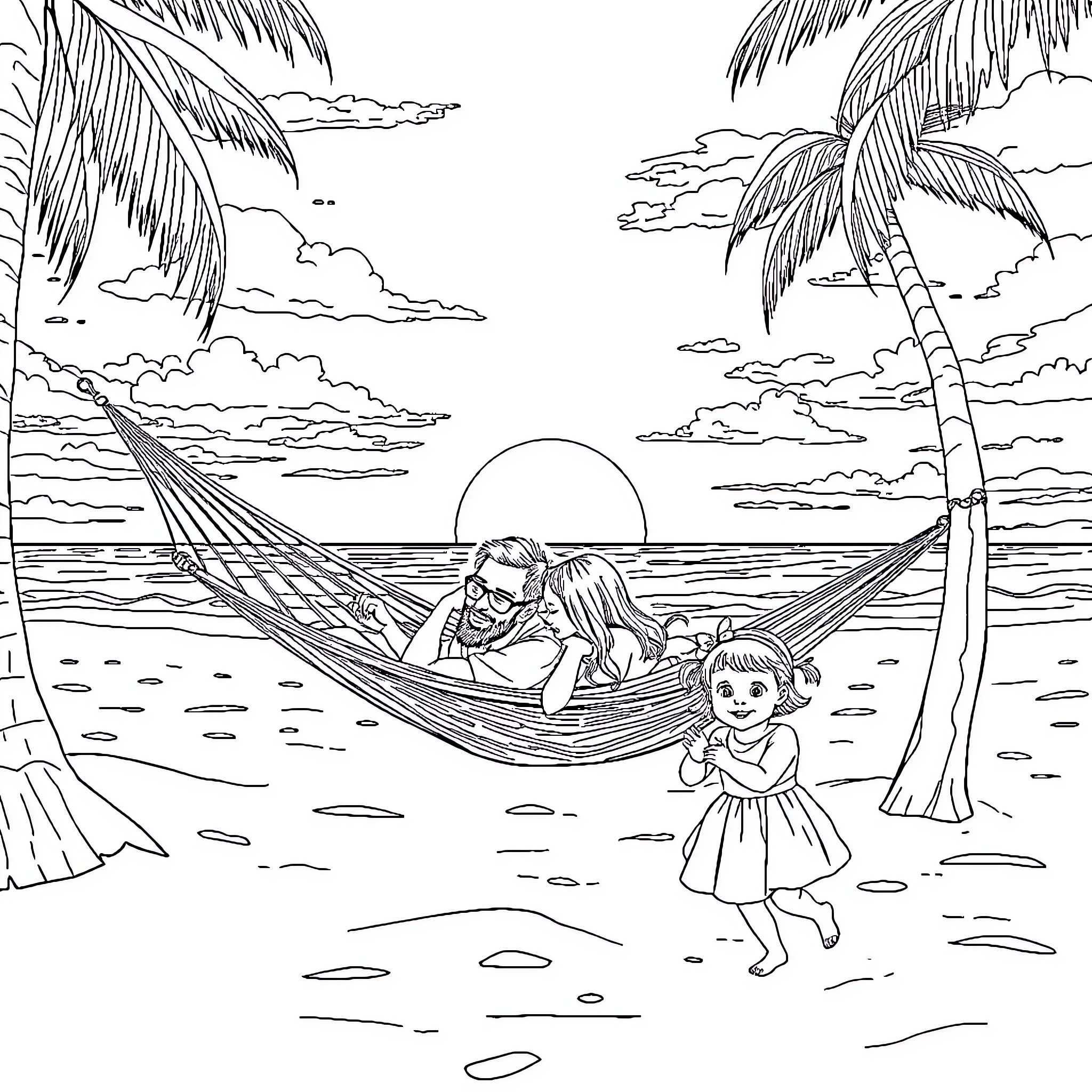 Couple relaxing in hammock at tropical beach Coloring Page (free black-and-white line drawing printable PDF for all, from beginners to advanced learners, including children, teens, adults, and seniors)