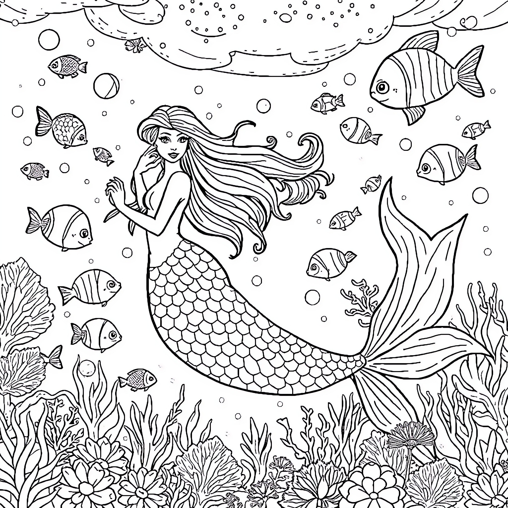 Mermaid swimming gracefully among vibrant marine life Coloring Page (free black-and-white line drawing printable PDF for all, from beginners to advanced learners, including children, teens, adults, and seniors)