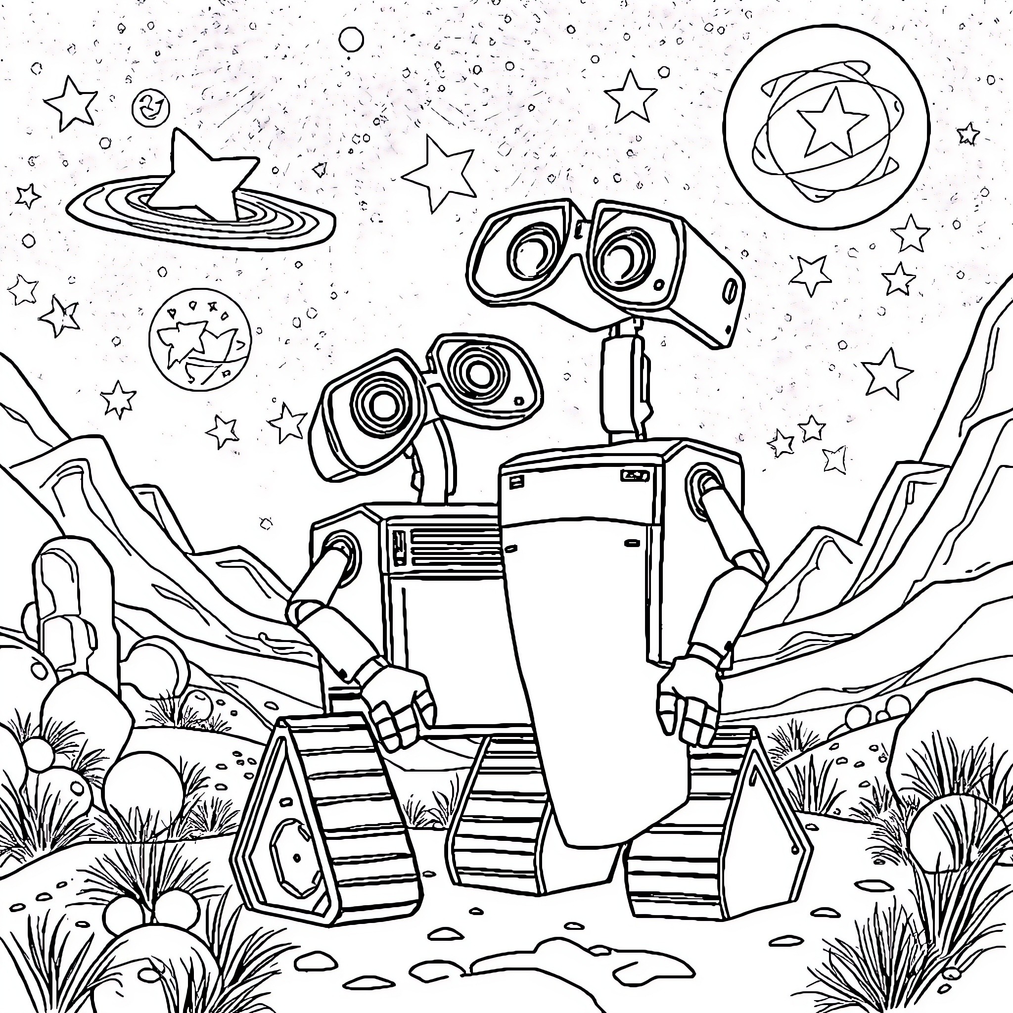 Wall-E exploring the wonders of the cosmos Coloring Page (free black-and-white line drawing printable PDF for all, from beginners to advanced learners, including children, teens, adults, and seniors)