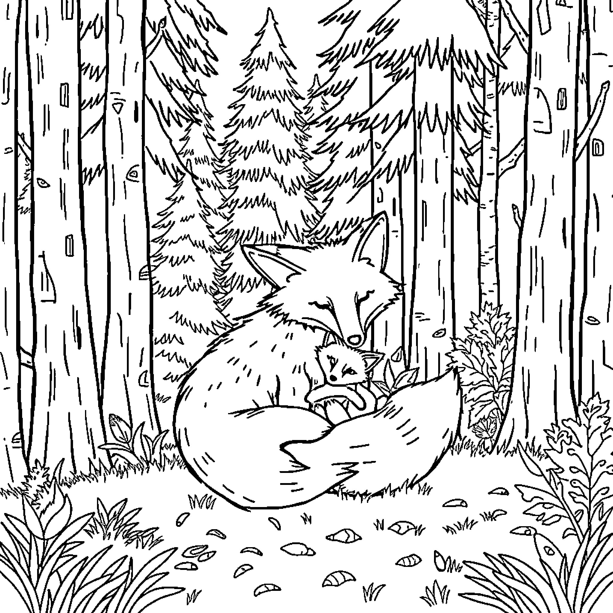 Fox resting in the serene forest Coloring Page (free black-and-white line drawing printable PDF for all, from beginners to advanced learners, including children, teens, adults, and seniors)