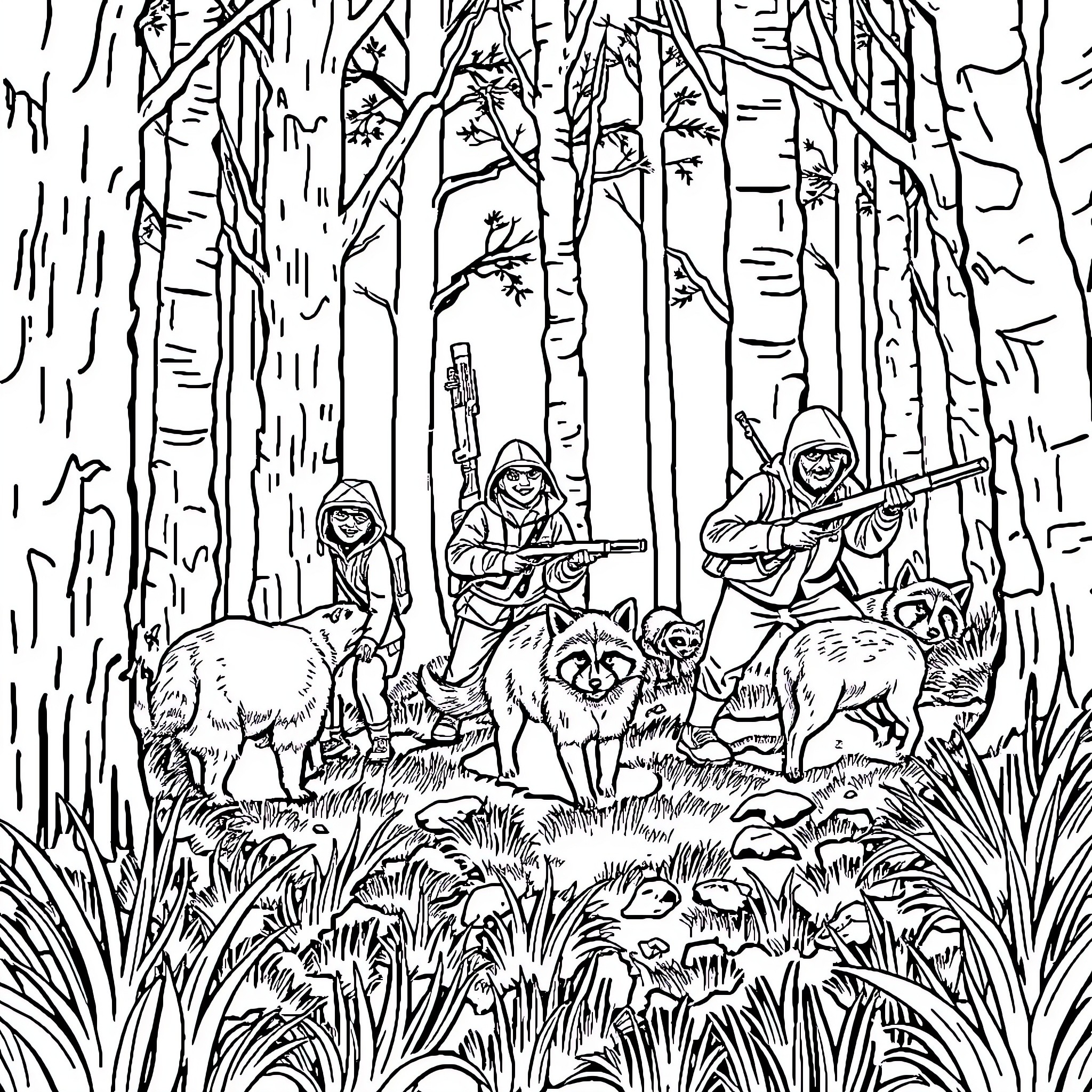 Coon Hunters Tracking Prey in Wilderness Coloring Page (free black-and-white line drawing printable PDF for all, from beginners to advanced learners, including children, teens, adults, and seniors)
