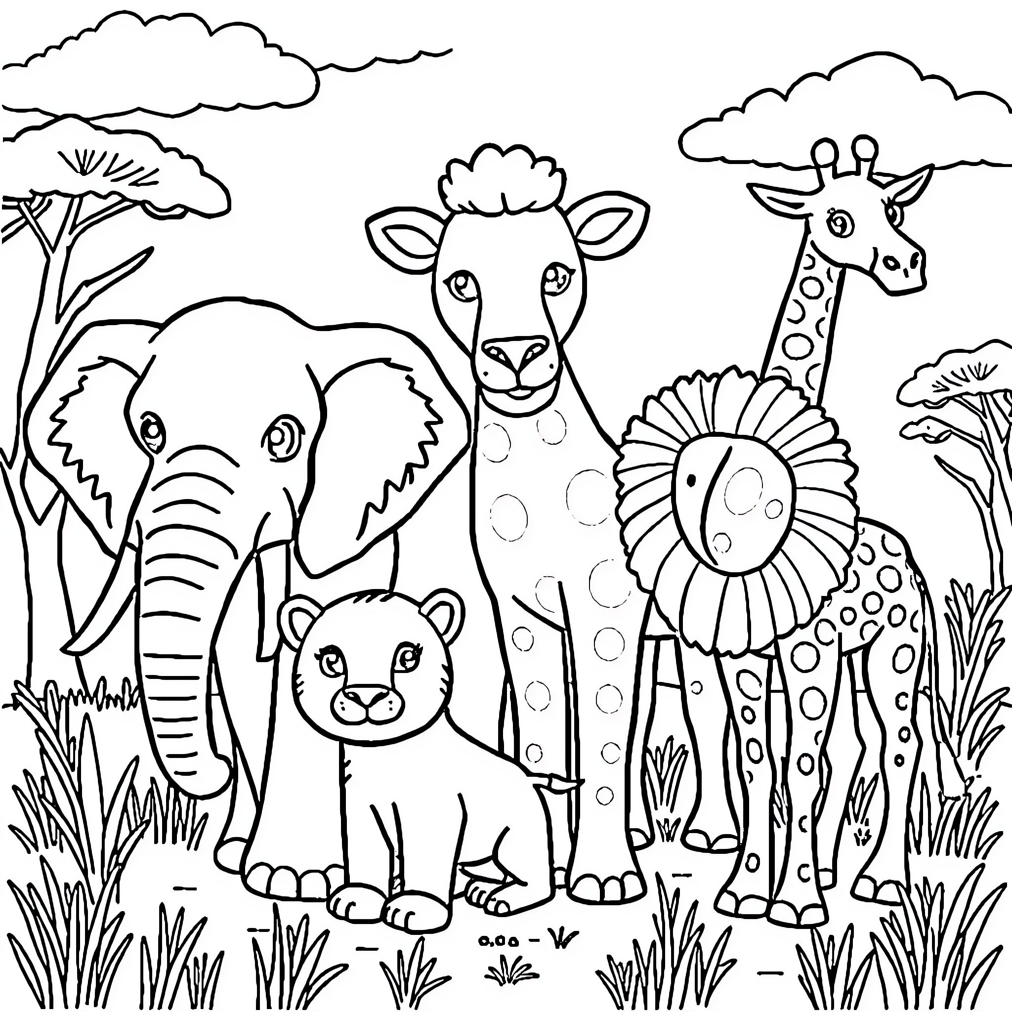 Animal Friends in the Jungle Coloring Page (free black-and-white line drawing printable PDF for all, from beginners to advanced learners, including children, teens, adults, and seniors)