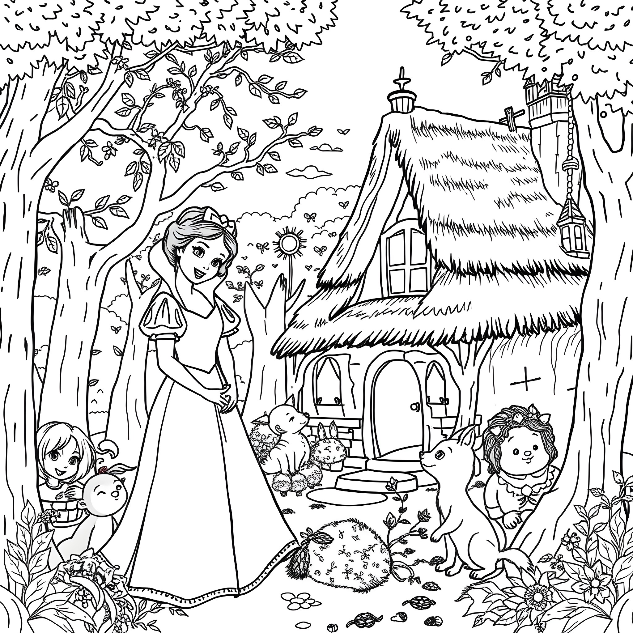 Snow White in a Whimsical Forest Setting Coloring Page (free black-and-white line drawing printable PDF for all, from beginners to advanced learners, including children, teens, adults, and seniors)
