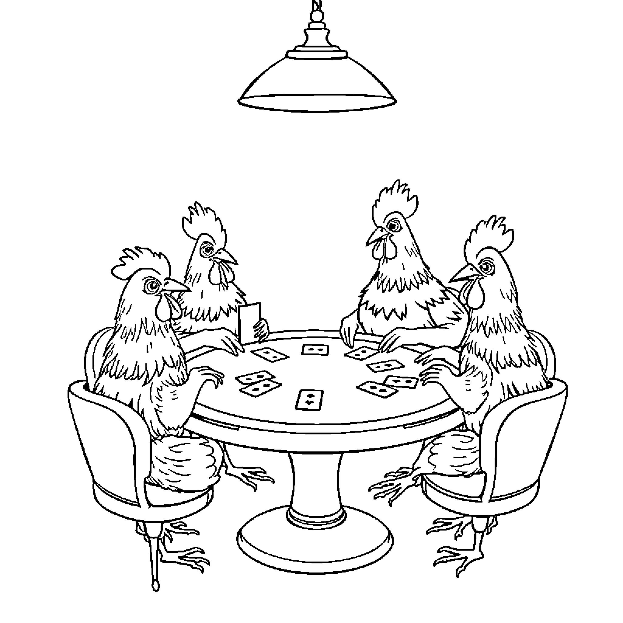 Chickens playing cards under a hanging lamp Coloring Page (free black-and-white line drawing printable PDF for all, from beginners to advanced learners, including children, teens, adults, and seniors)