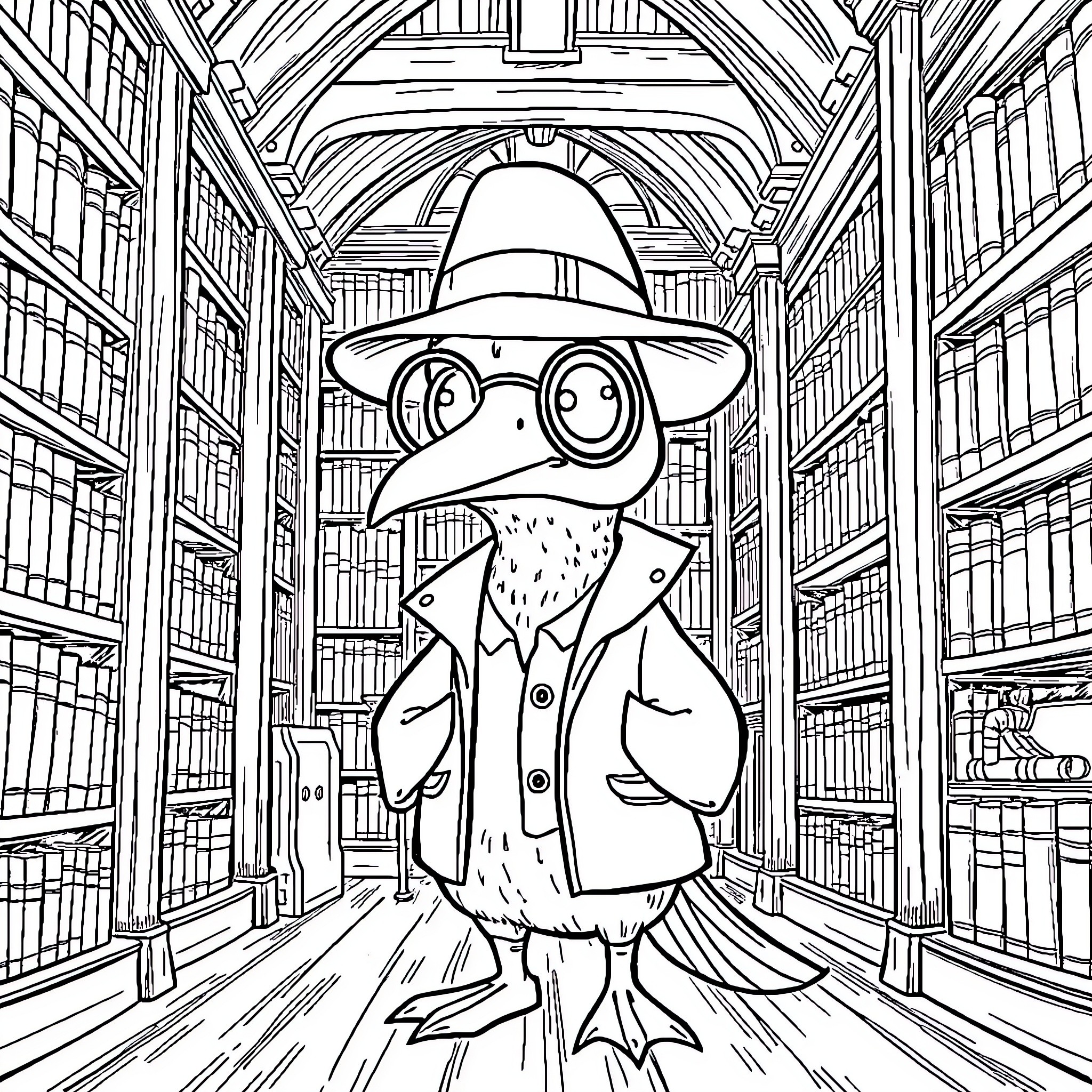 Platypus detective in the library Coloring Page (free black-and-white line drawing printable PDF for all, from beginners to advanced learners, including children, teens, adults, and seniors)
