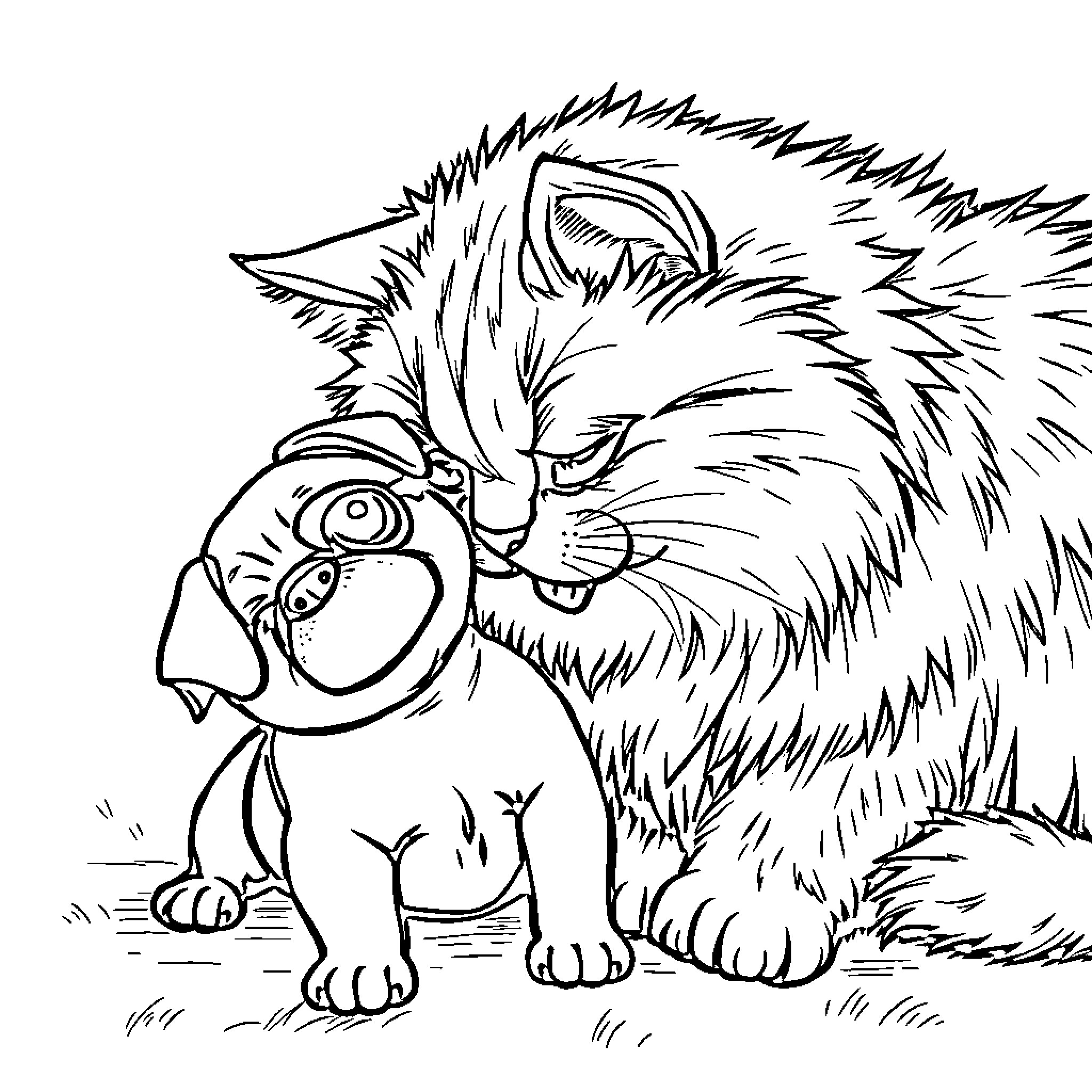 Cat grinning mischievously with a toy Coloring Page (free black-and-white line drawing printable PDF for all, from beginners to advanced learners, including children, teens, adults, and seniors)