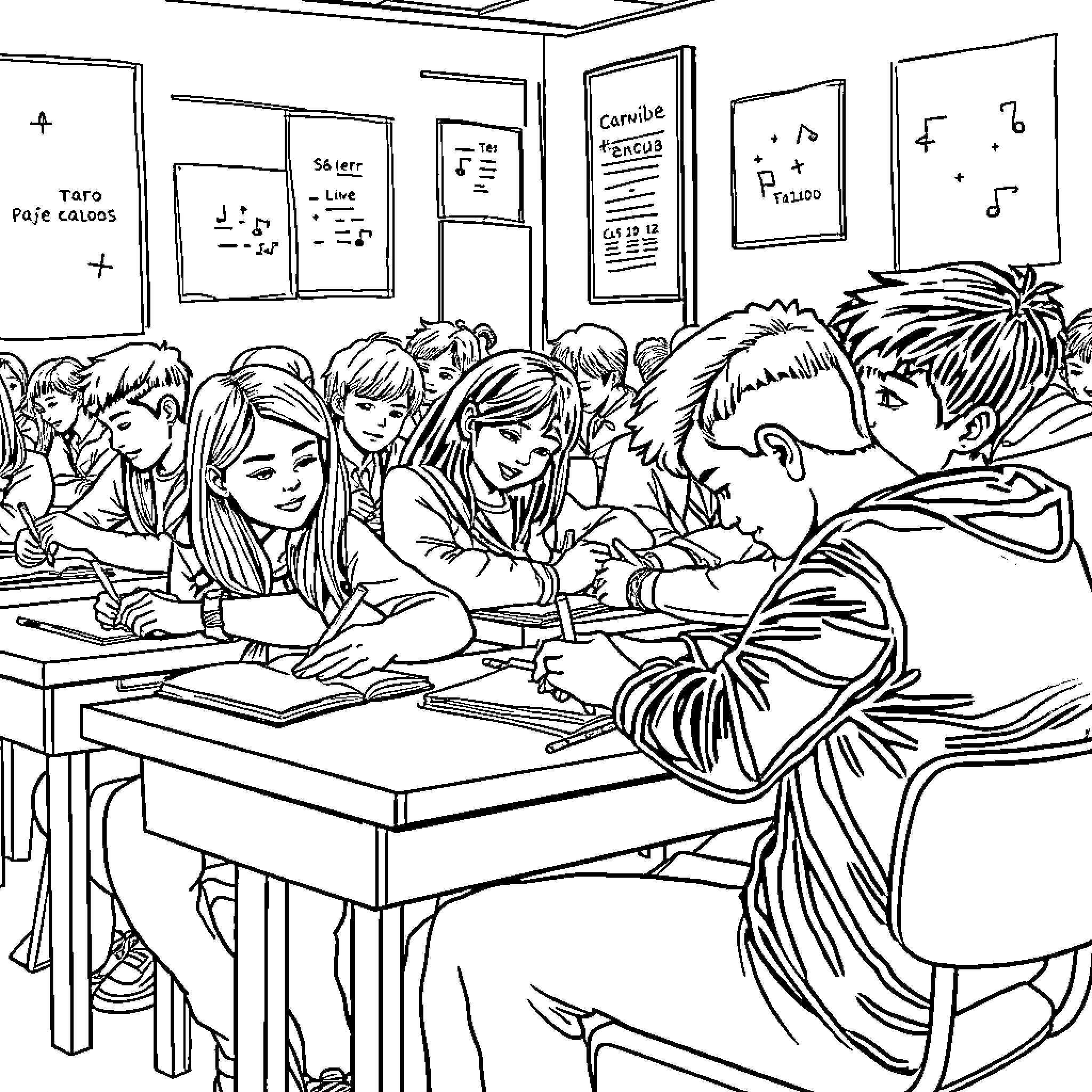 Estudiante estudiando y aprendiendo en el aula Coloring Page (free black-and-white line drawing printable PDF for all, from beginners to advanced learners, including children, teens, adults, and seniors)