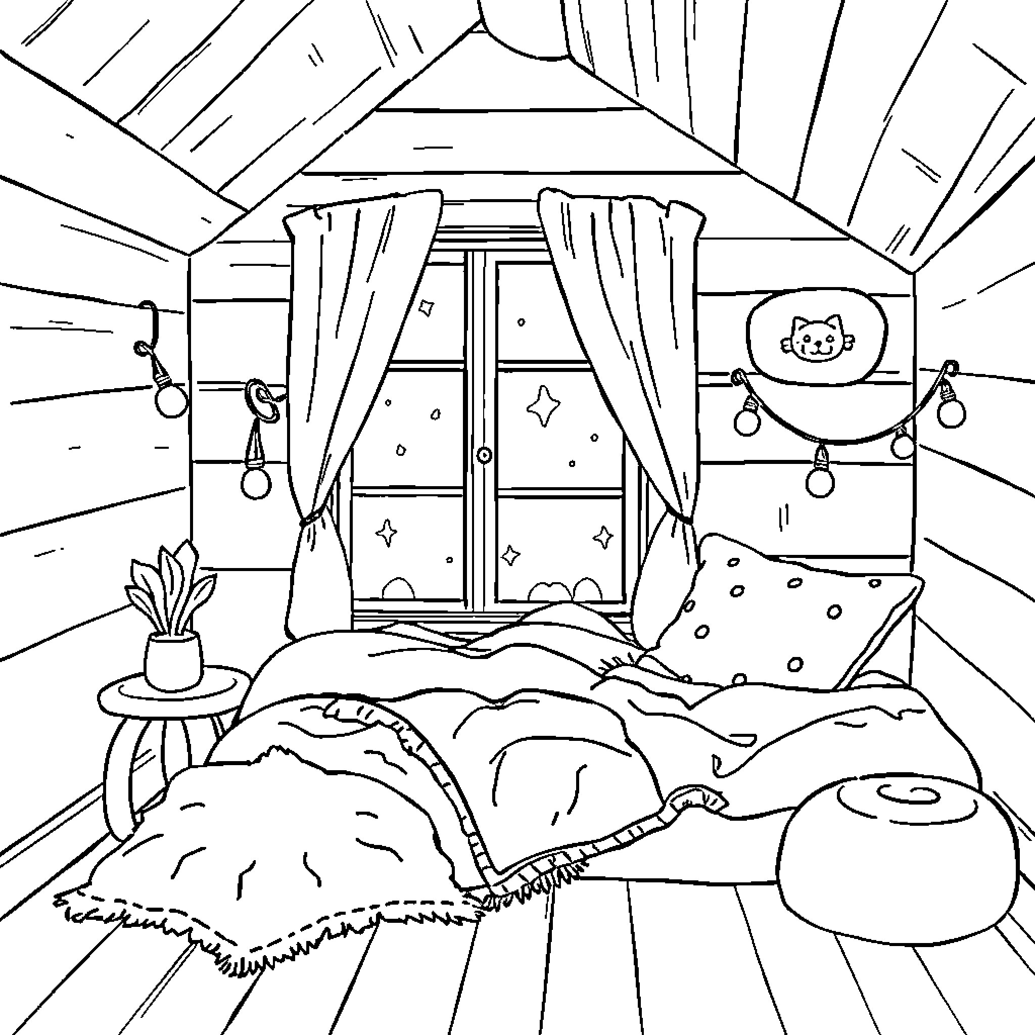 Room with Cozy Bed and Decorative Elements Coloring Page (free black-and-white line drawing printable PDF for all, from beginners to advanced learners, including children, teens, adults, and seniors)