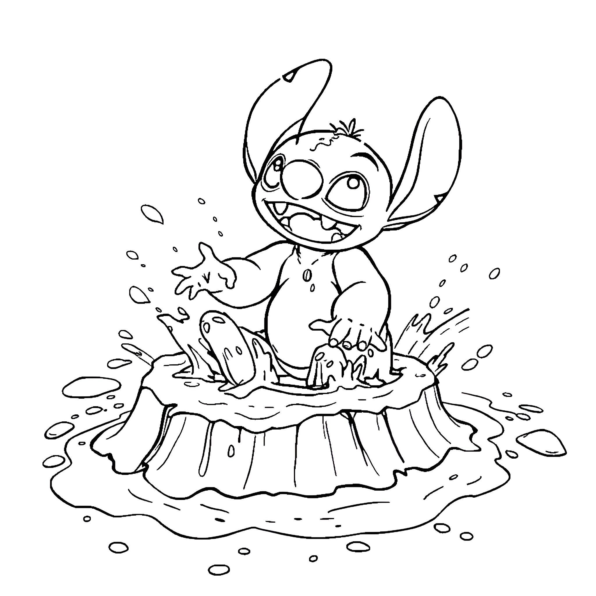 Stitch splashing in a puddle with a joyful expression Coloring Page (free black-and-white line drawing printable PDF for all, from beginners to advanced learners, including children, teens, adults, and seniors)