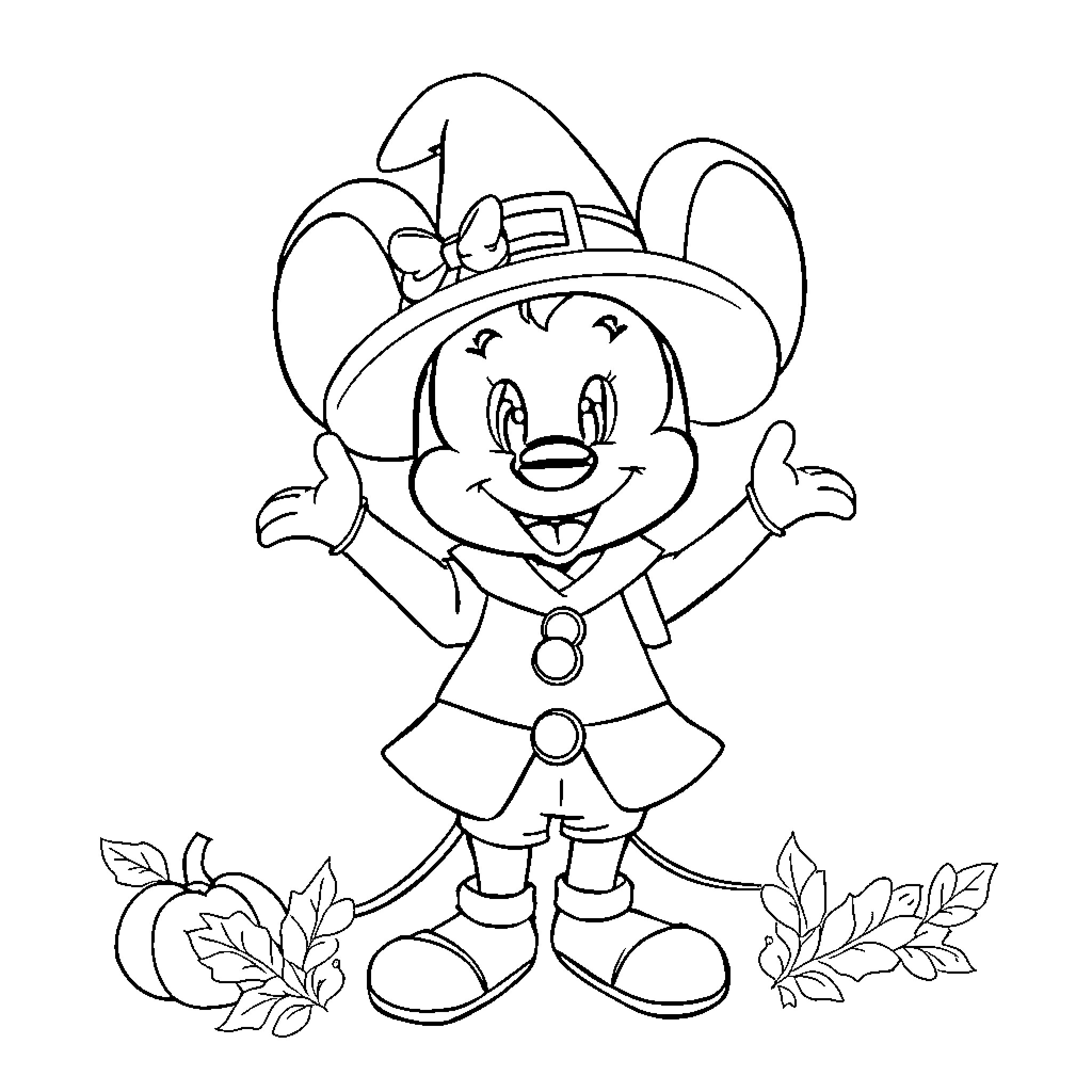 Mini Mouse in Autumn Attire Coloring Page (free black-and-white line drawing printable PDF for all, from beginners to advanced learners, including children, teens, adults, and seniors)