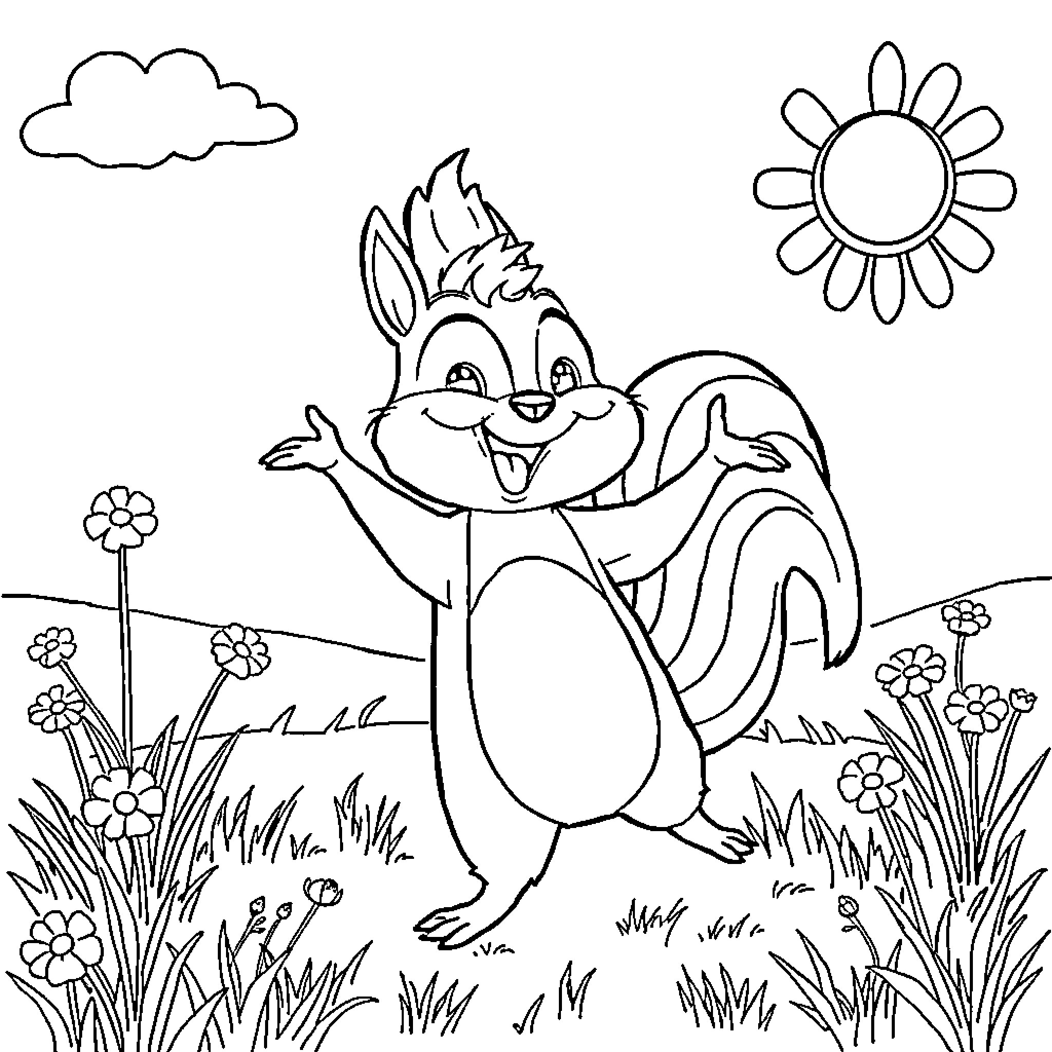 Sprunki's Cheerful Spring Celebration Coloring Page (free black-and-white line drawing printable PDF for all, from beginners to advanced learners, including children, teens, adults, and seniors)