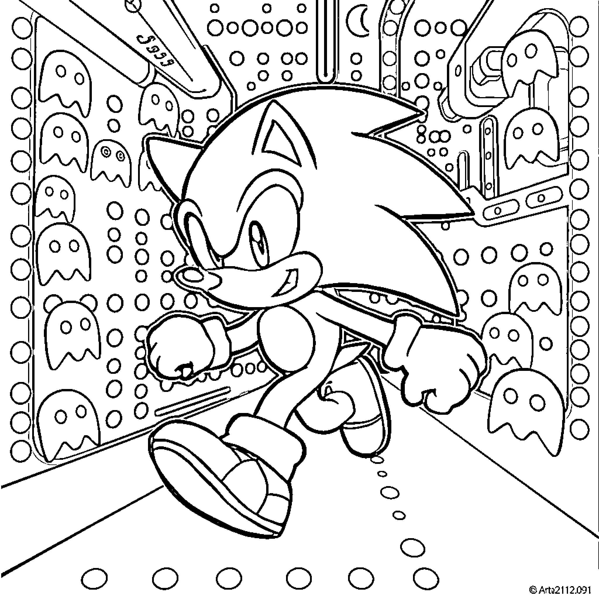 Sonic running through a ghostly landscape Coloring Page (free black-and-white line drawing printable PDF for all, from beginners to advanced learners, including children, teens, adults, and seniors)