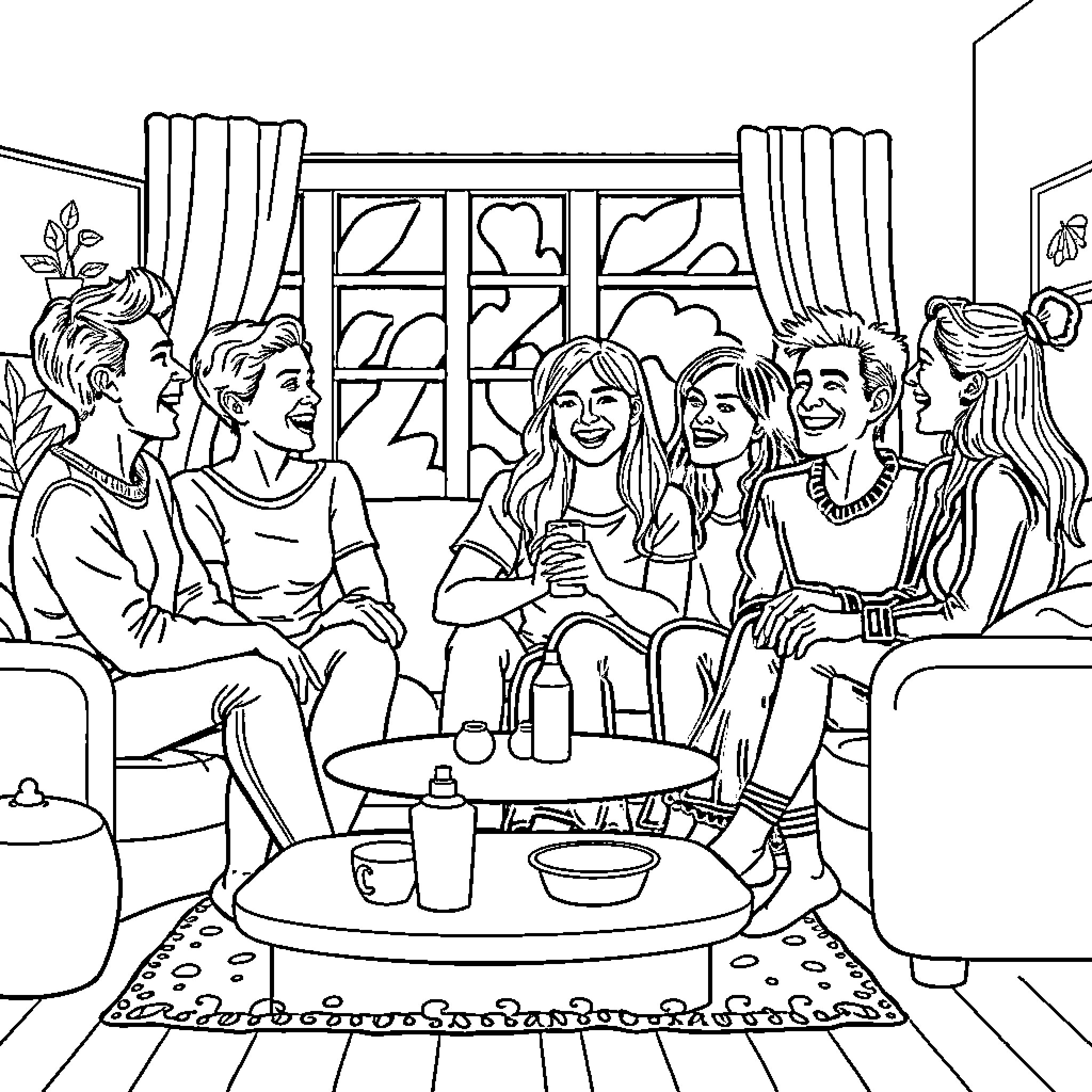 Friend Gathering at a Cozy Living Room Coloring Page (free black-and-white line drawing printable PDF for all, from beginners to advanced learners, including children, teens, adults, and seniors)