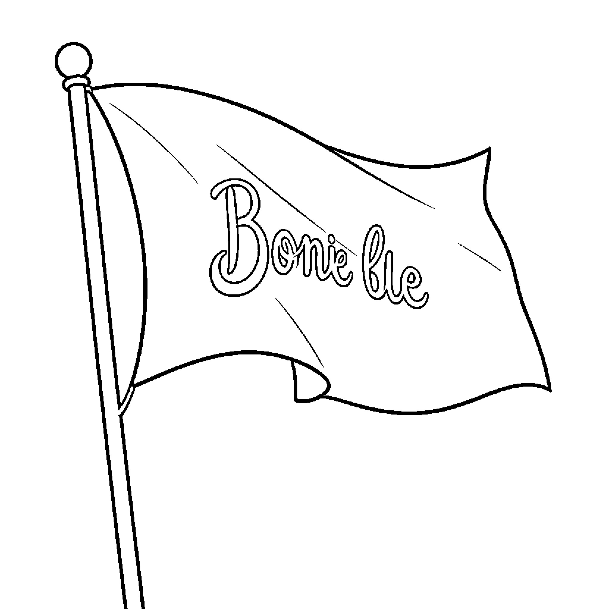 Bonnie waving on a flag in the wind Coloring Page (free black-and-white line drawing printable PDF for all, from beginners to advanced learners, including children, teens, adults, and seniors)