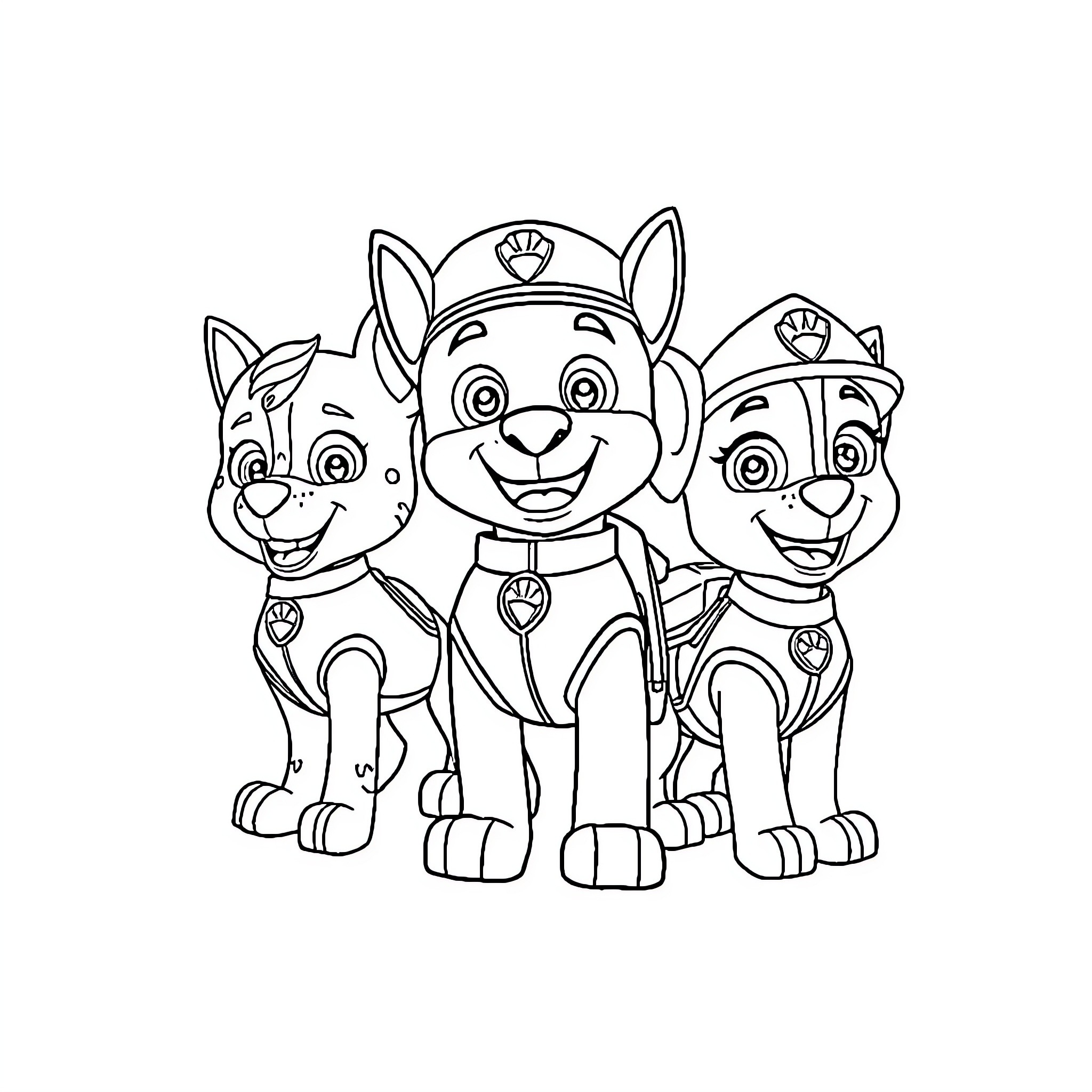 Paw Patrol pups in uniform ready for action Coloring Page (free black-and-white line drawing printable PDF for all, from beginners to advanced learners, including children, teens, adults, and seniors)
