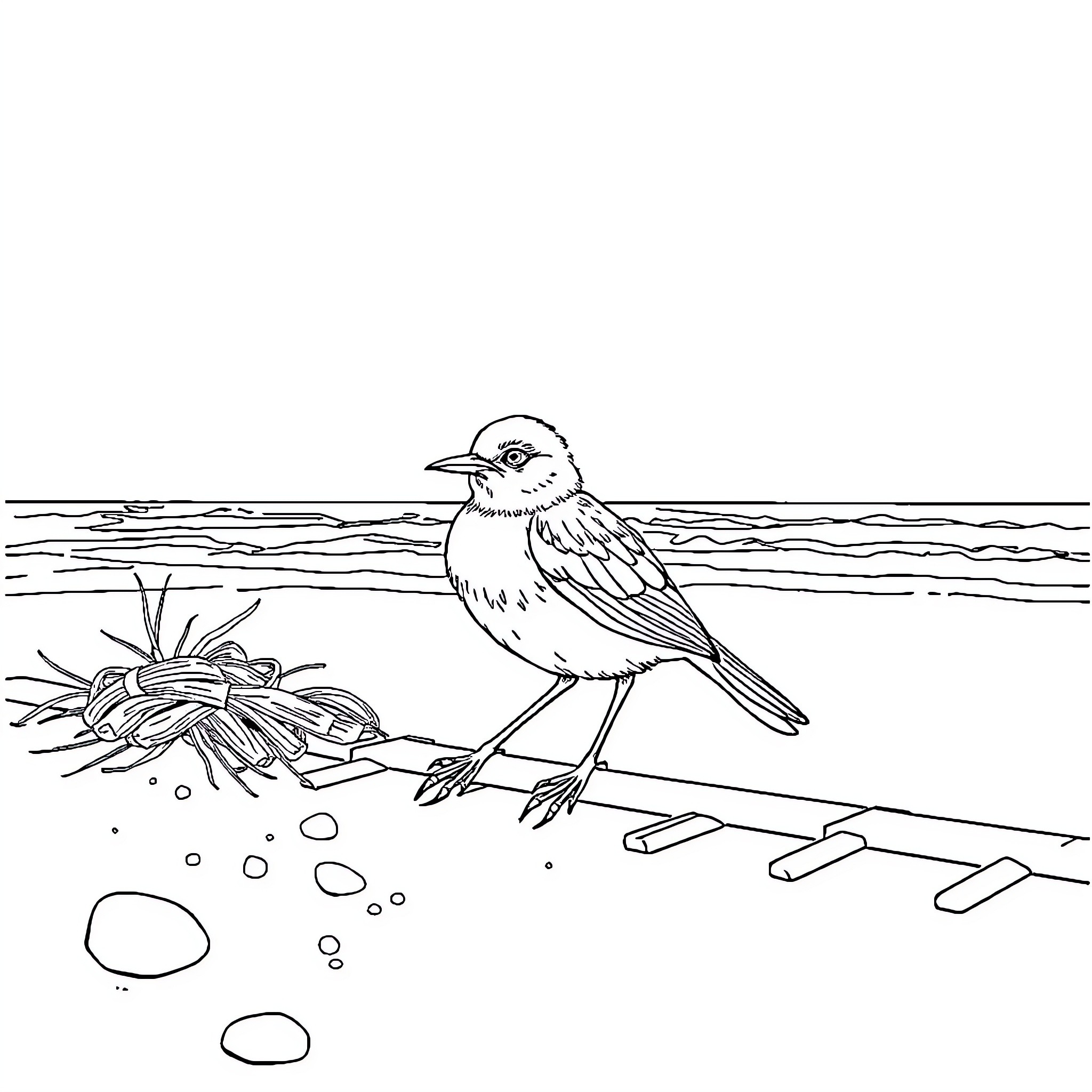 Crane perched on the shore Coloring Page (free black-and-white line drawing printable PDF for all, from beginners to advanced learners, including children, teens, adults, and seniors)