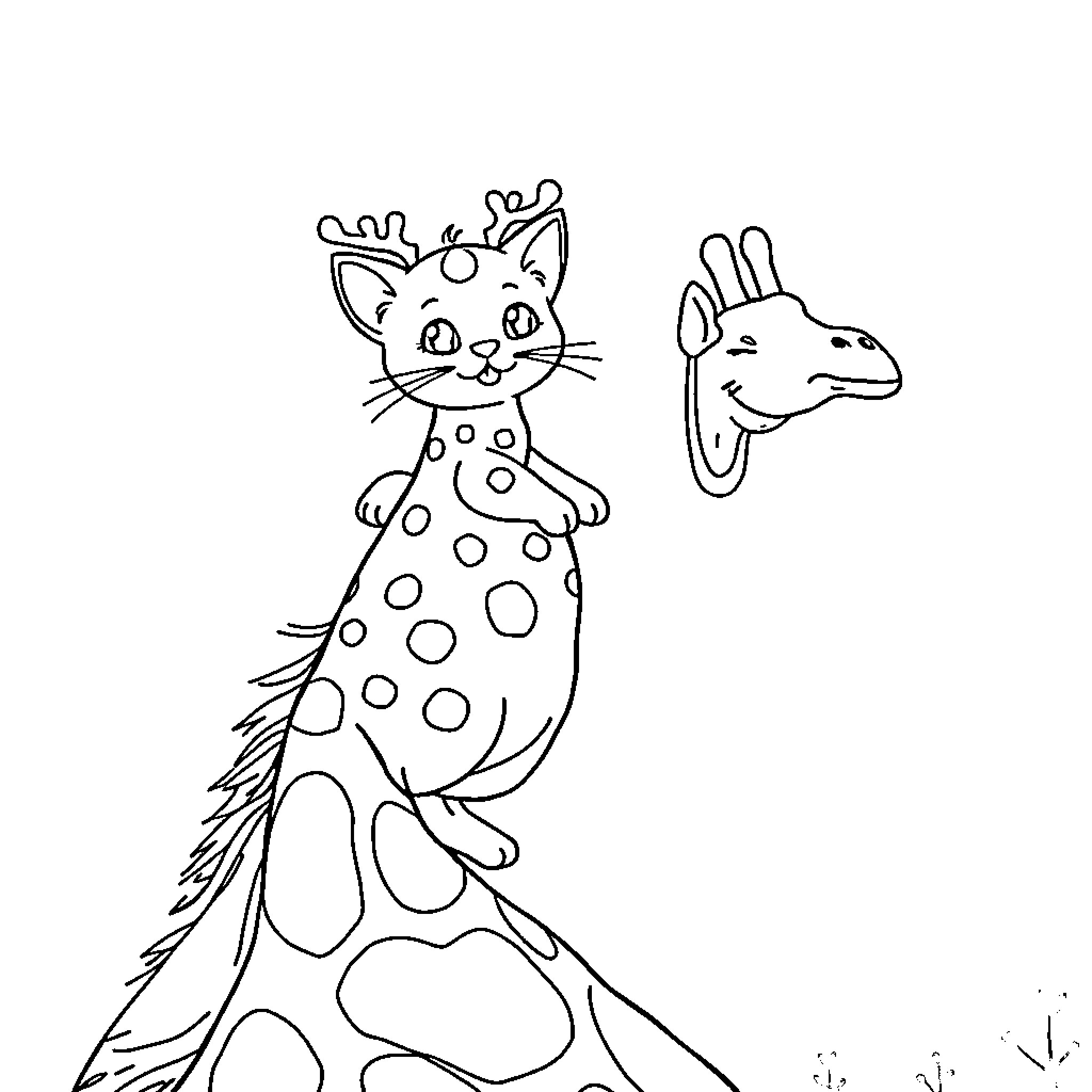 Cat and Giraffe in Whimsical Drawings Coloring Page (free black-and-white line drawing printable PDF for all, from beginners to advanced learners, including children, teens, adults, and seniors)